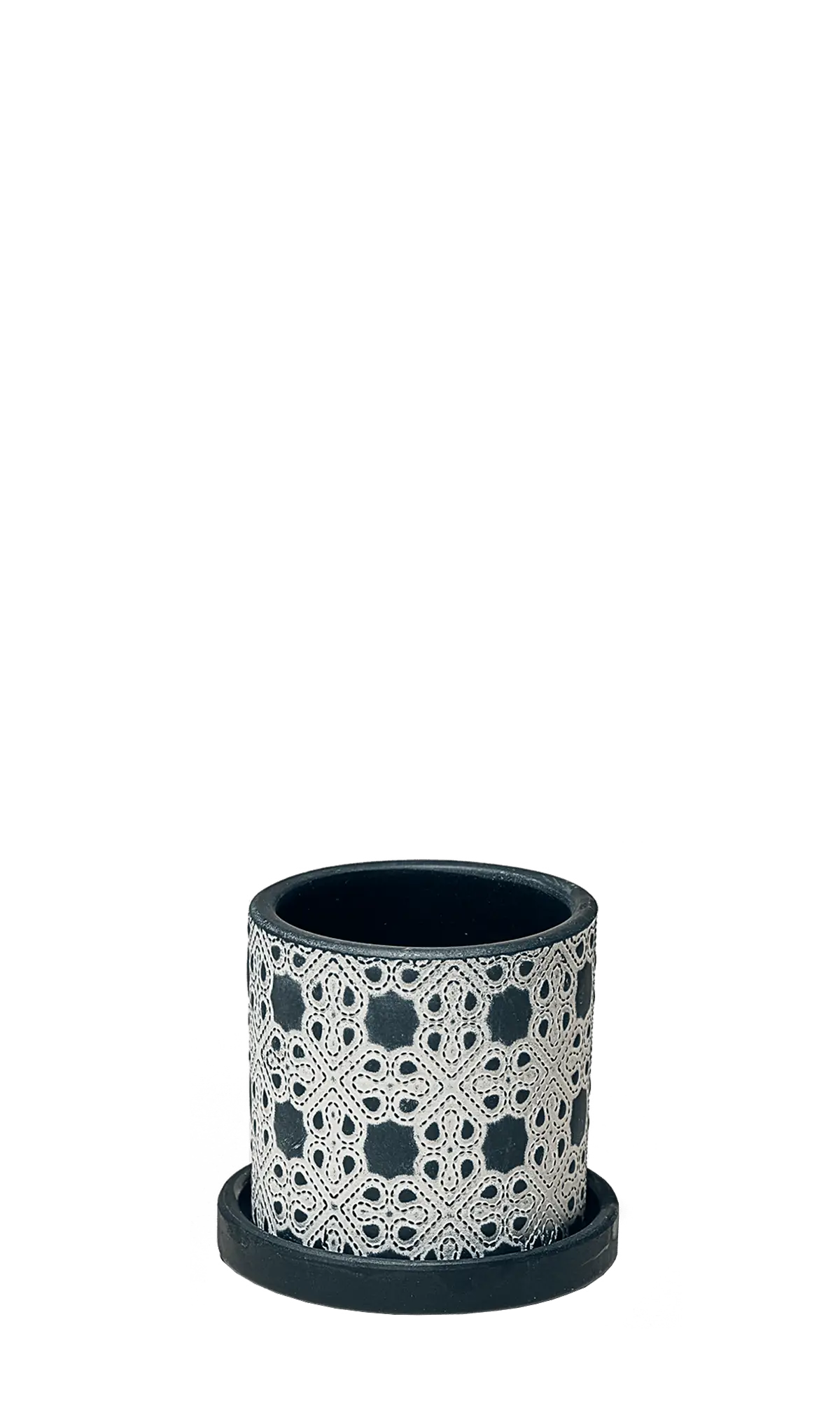 Chive Balter black lattice ceramic planter with an embossed white lace lattice pattern and matching saucer.