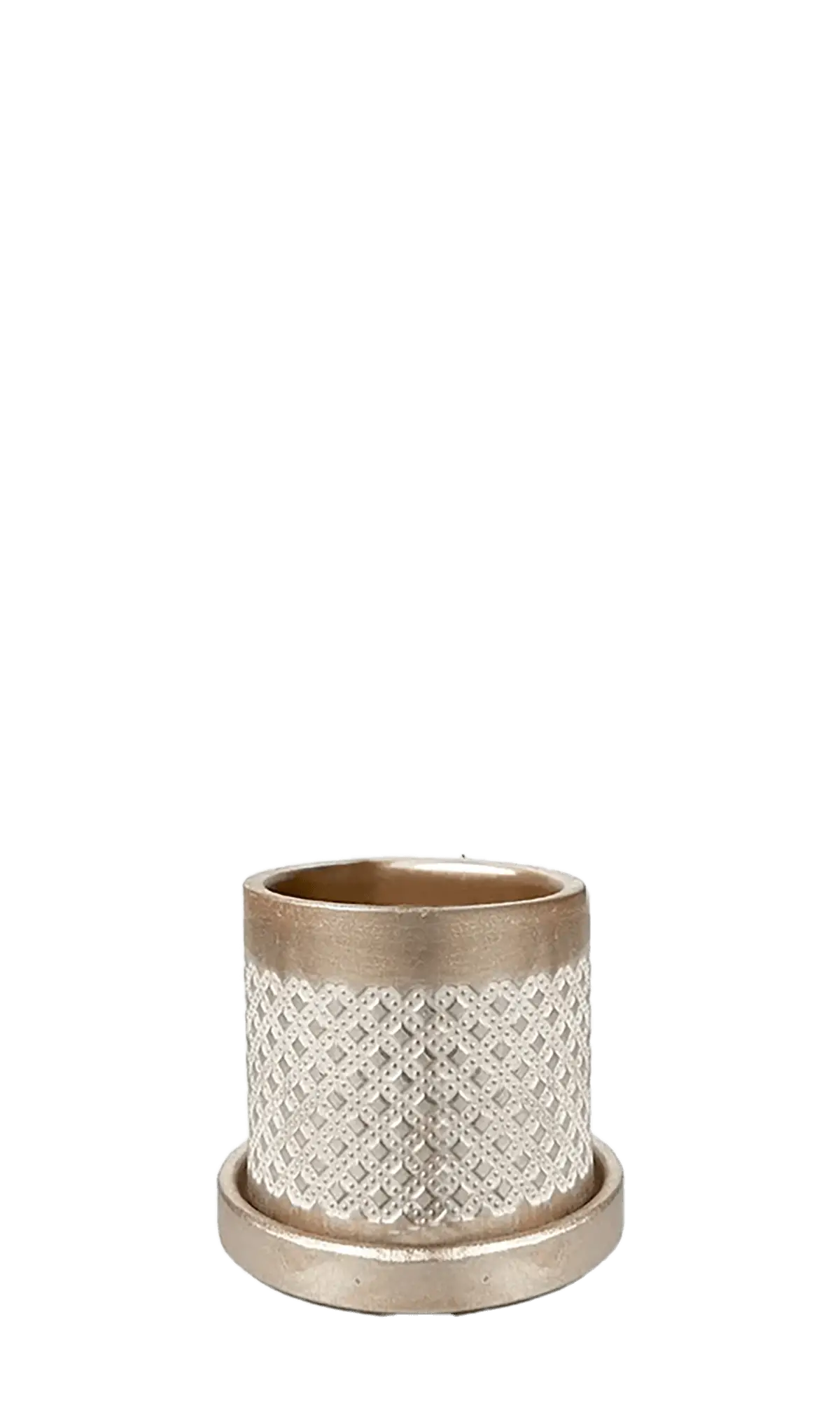 Chive Balter ceramic planter in gold with an embossed diamond lattice pattern and matching saucer.
