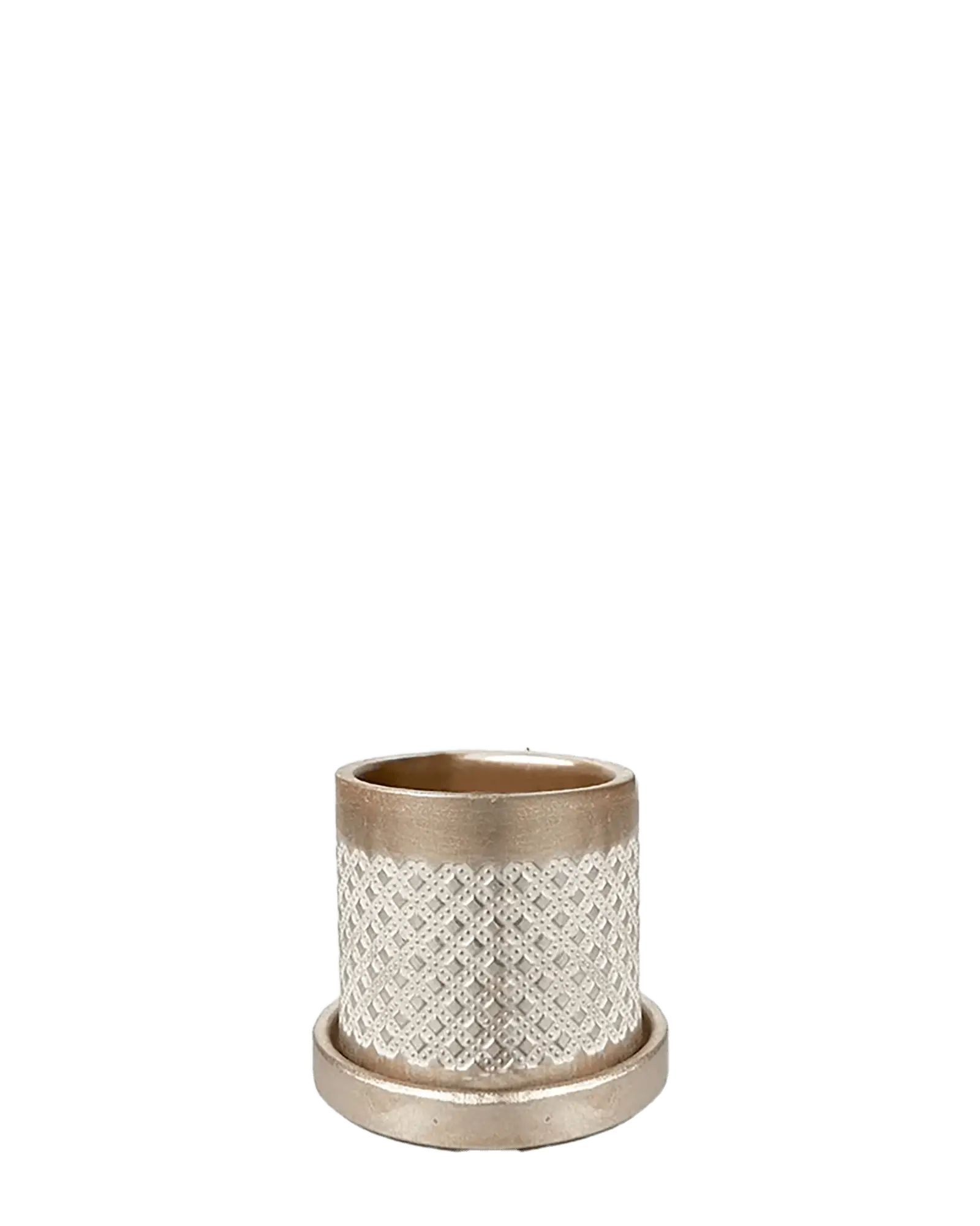 Chive Balter ceramic planter in gold with an embossed diamond lattice pattern and matching saucer.