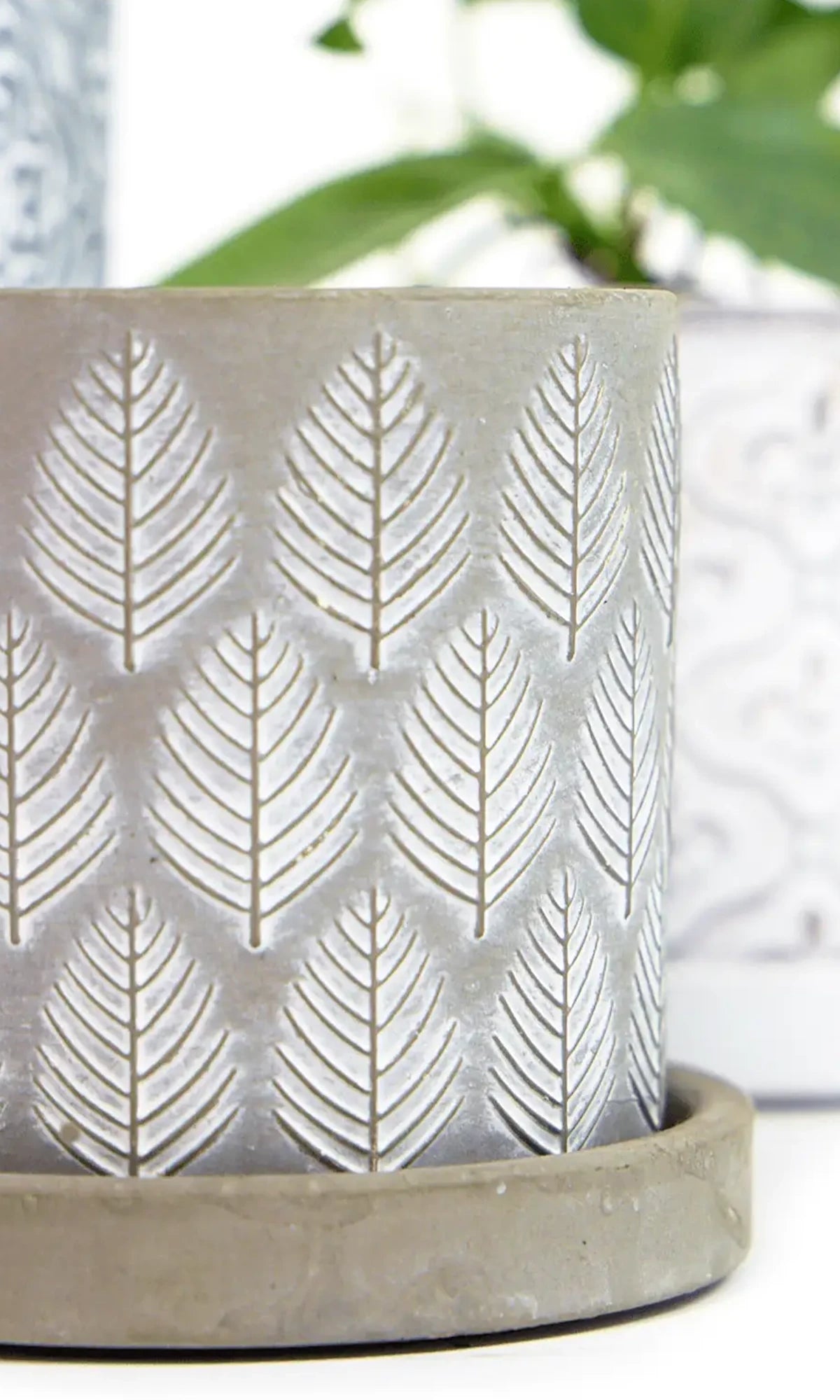 Close-up of the Chive Balter medium grey leaves ceramic pot showing the color and patterns.