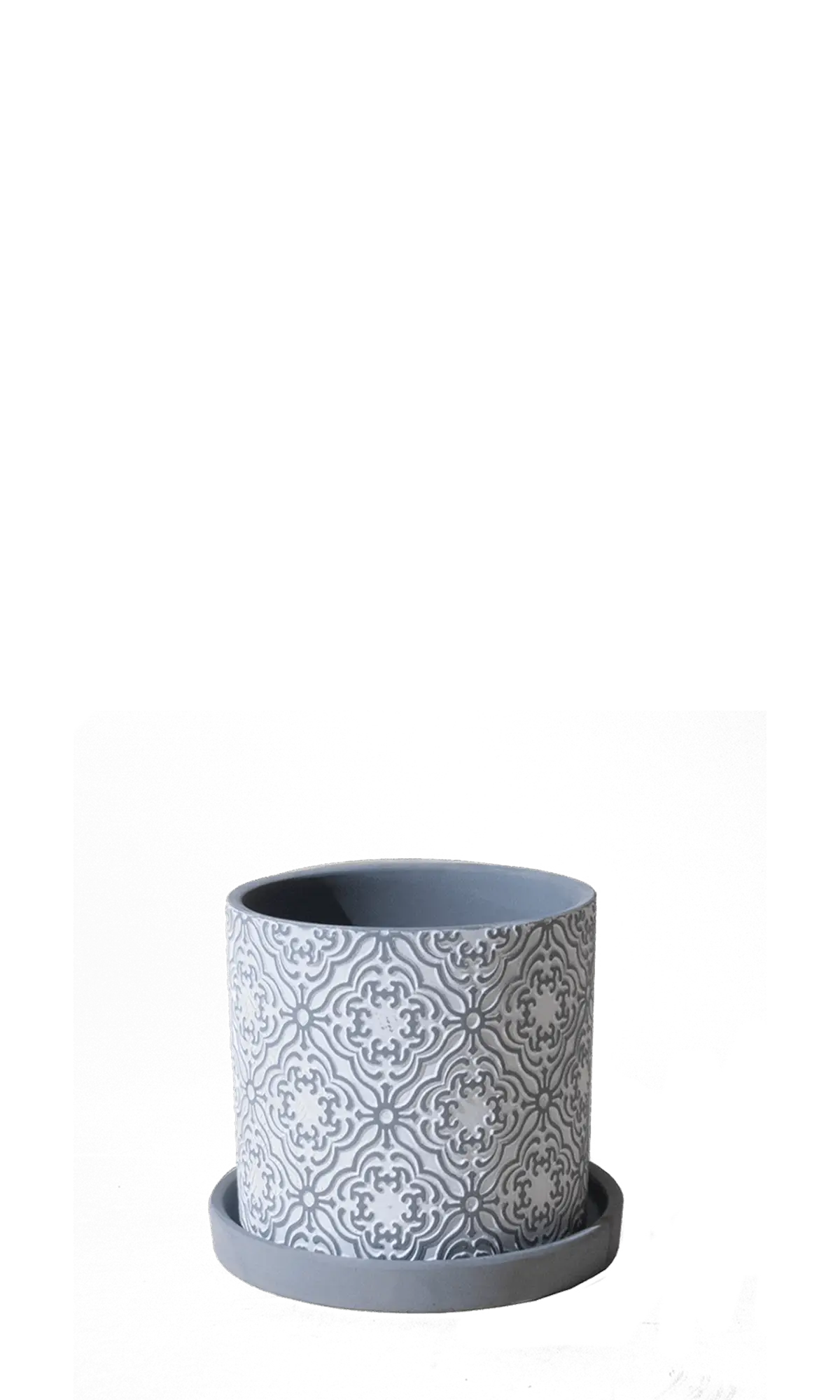 hive Balter ceramic planter in grey with an embossed medallion tile pattern and matching saucer.