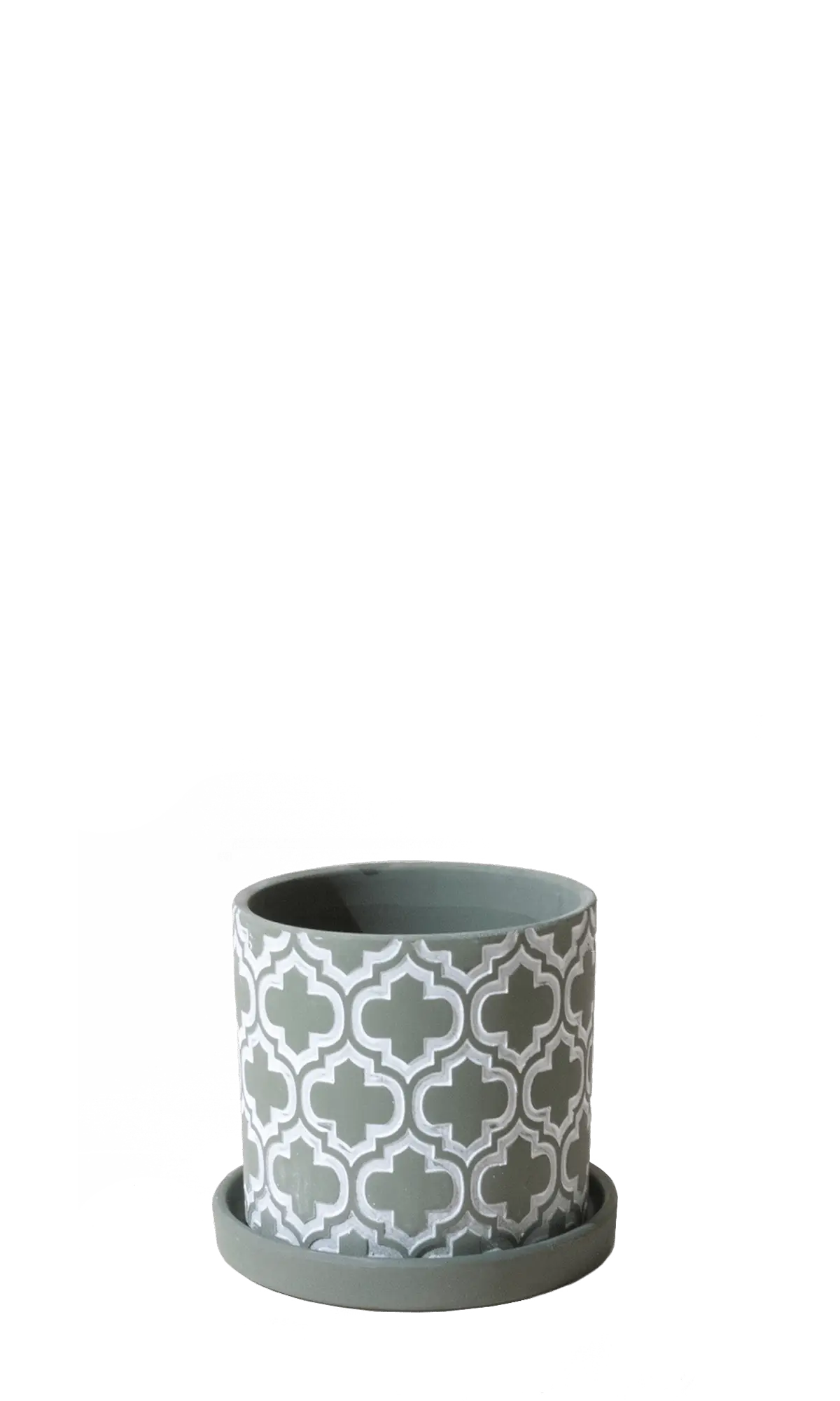 Chive Balter ceramic planter in olive with an embossed white quatrefoil pattern and matching saucer.