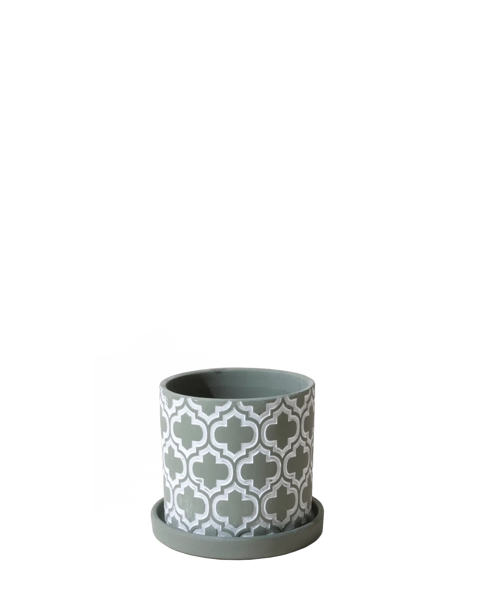 Chive Balter ceramic planter in olive with an embossed white quatrefoil pattern and matching saucer.