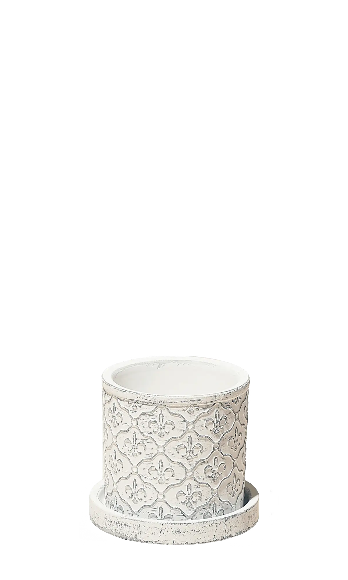 Chive Balter ceramic planter in white with an embossed fleur-de-lis pattern and matching saucer.
