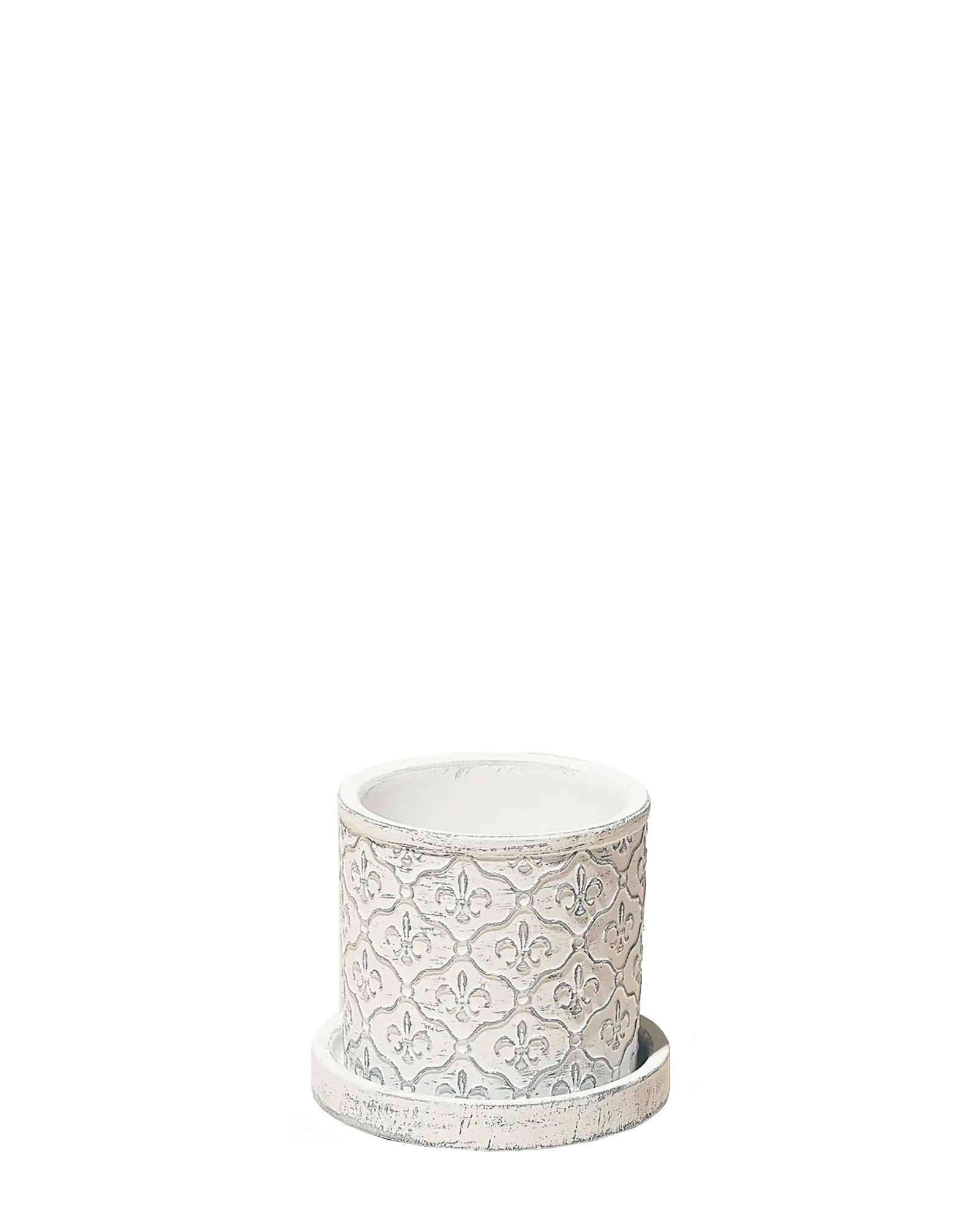 Chive Balter ceramic planter in white with an embossed fleur-de-lis pattern and matching saucer.