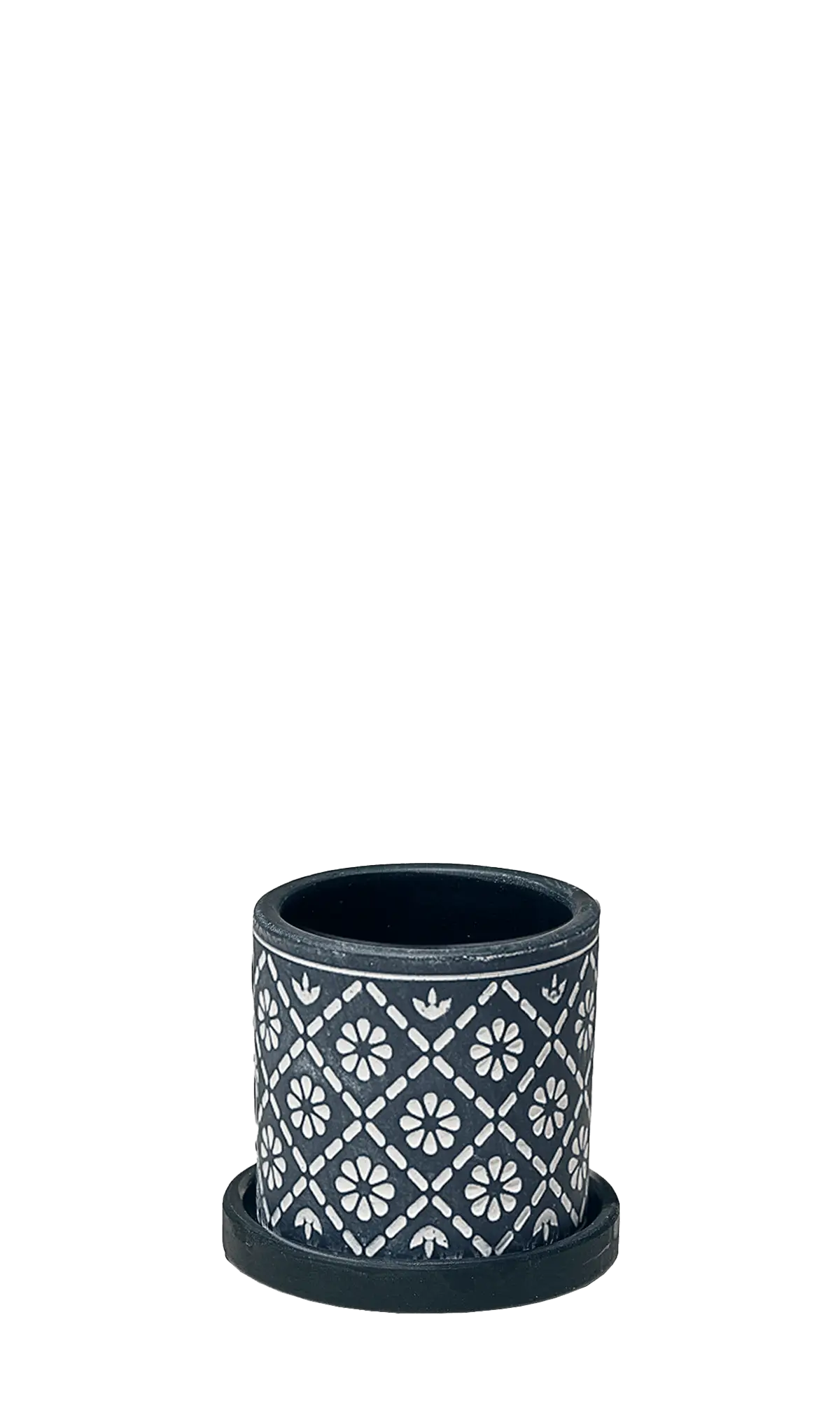Chive Balter ceramic planter in dark navy with an embossed white floral tile pattern and saucer.