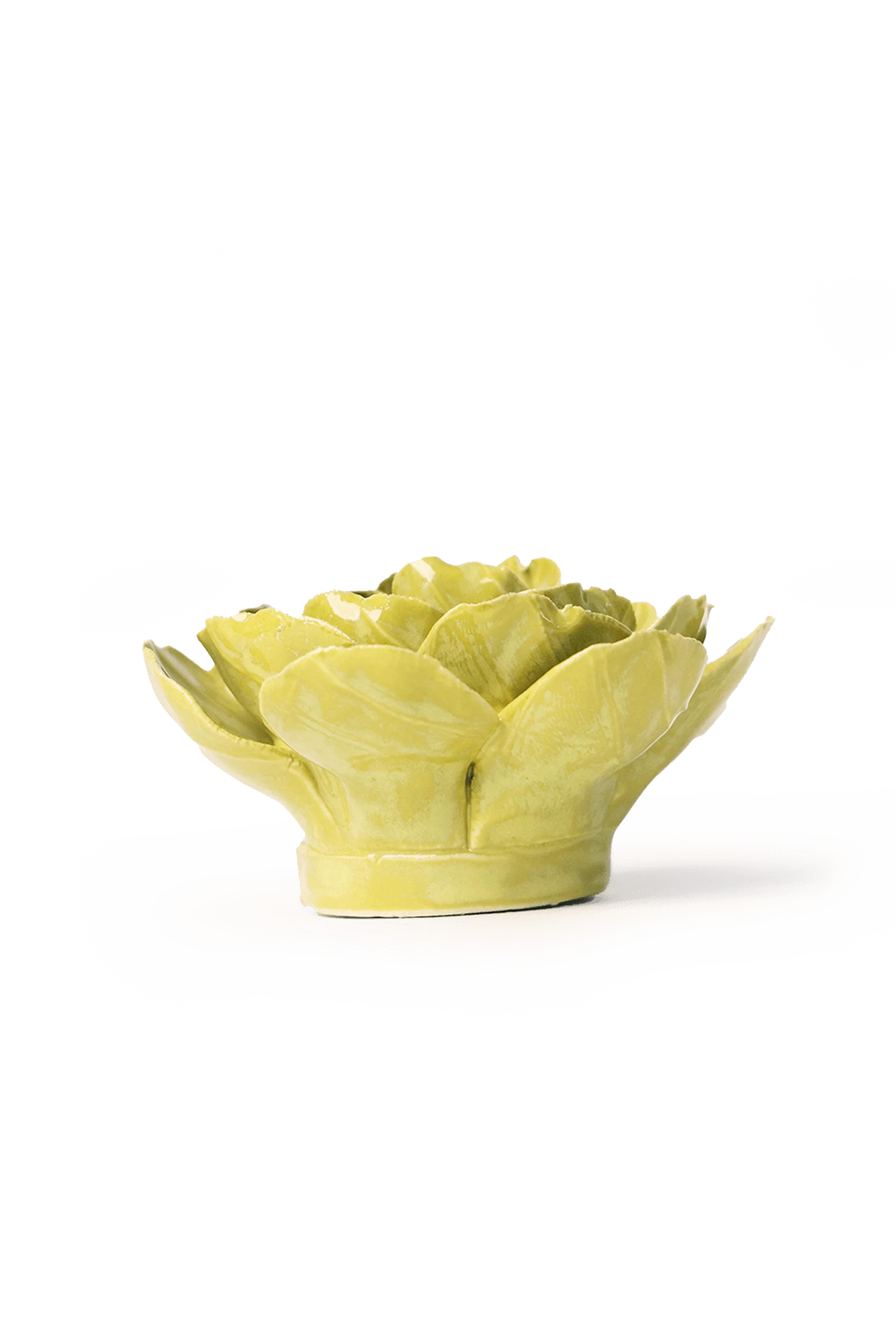 Chive February Birth Flower Primrose chartreuse ceramic flower side view showing petal depth and glossy glazed finish.