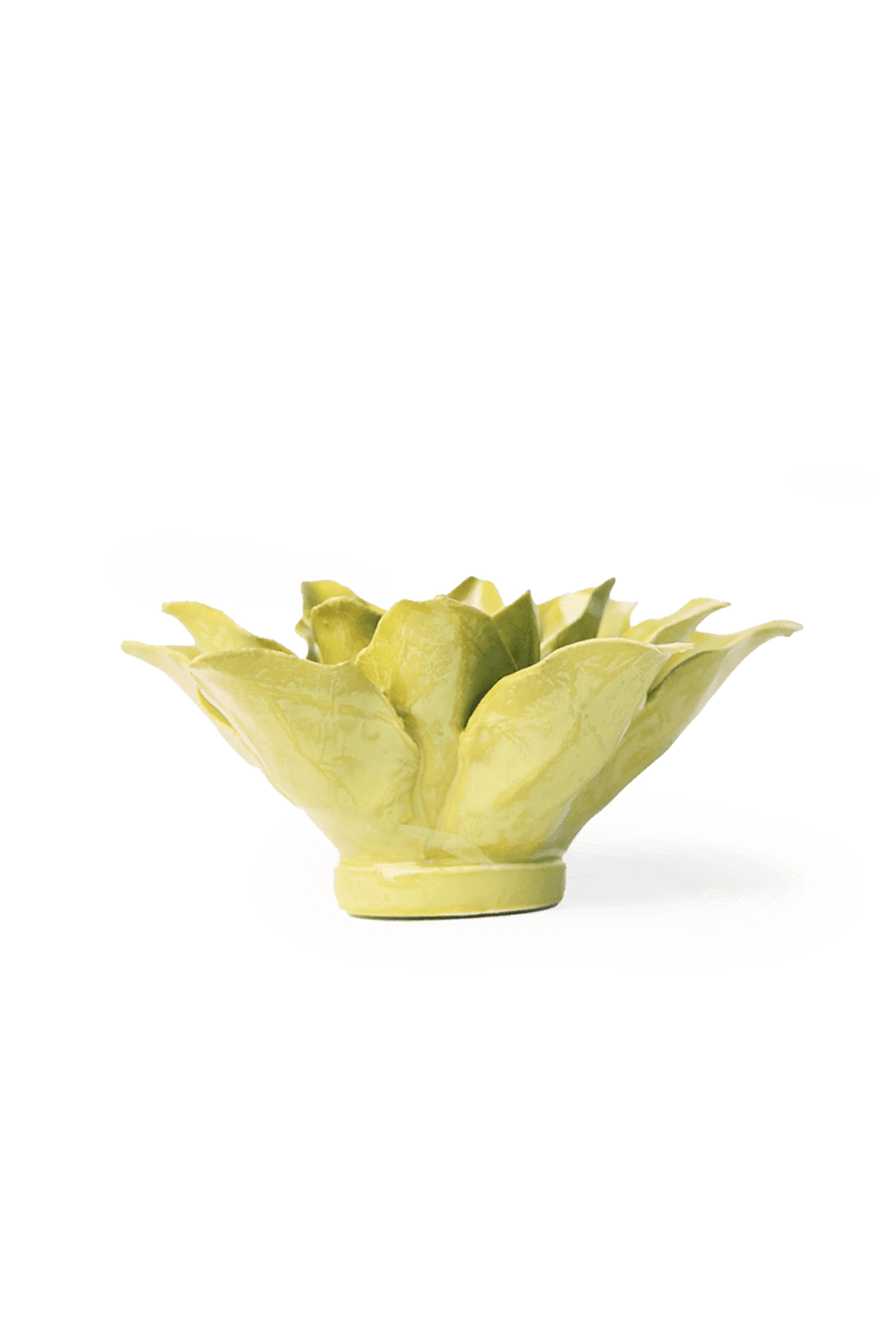 Chive July Birth Flower Water Lily chartreuse ceramic flower side view showing petal depth and glossy glazed finish.