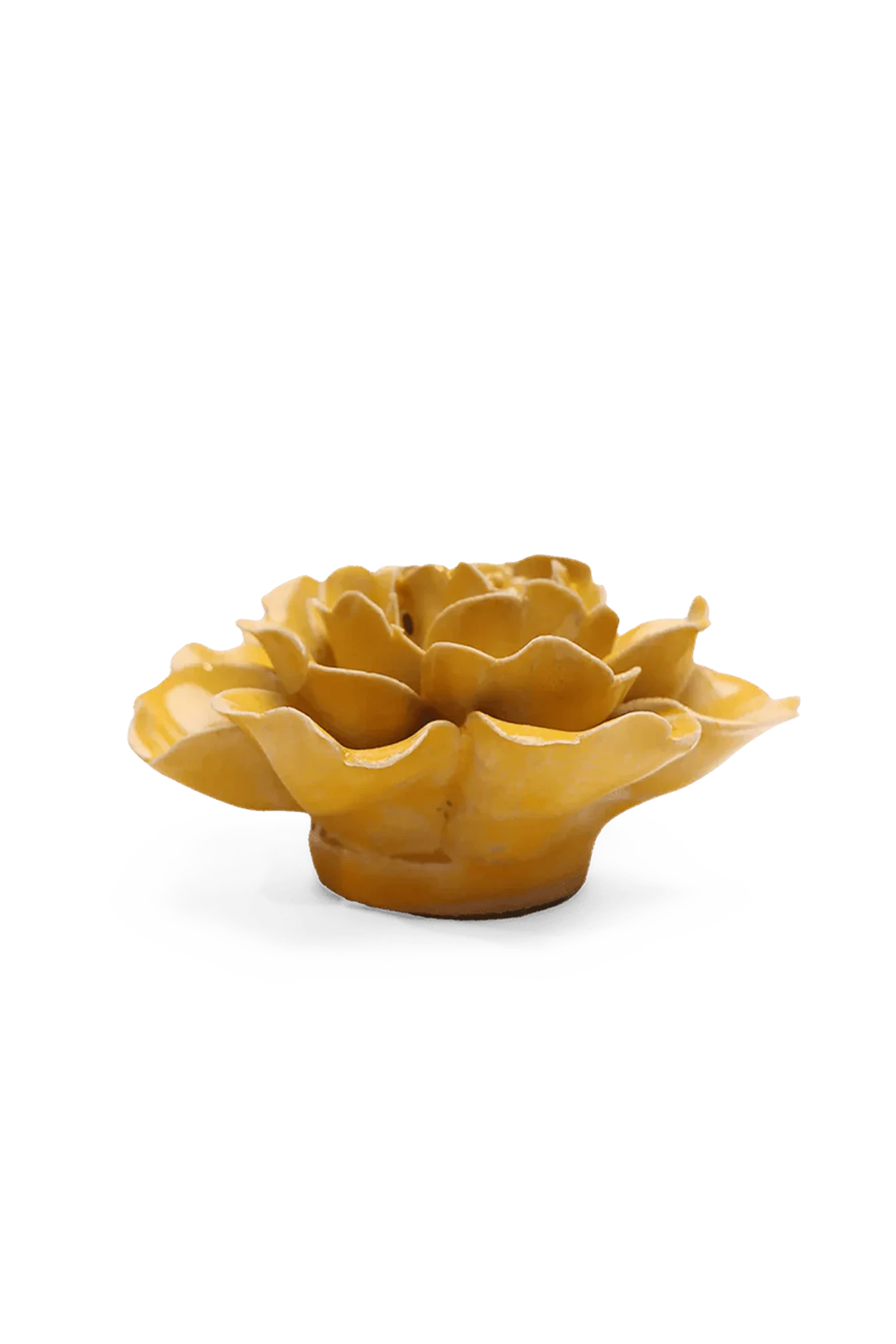 Chive June Birth Flower Rose burnt yellow ceramic flower side view showing petal depth and glossy glazed finish.