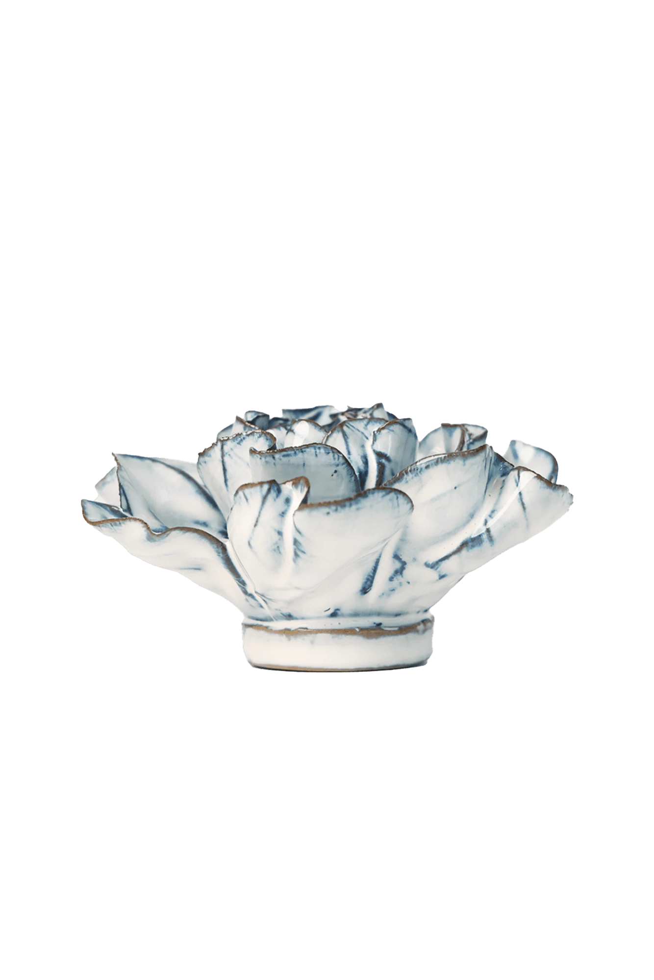 Chive May Birth Flower Hawthorn blue white ceramic flower side view showing petal depth and glossy glazed finish.