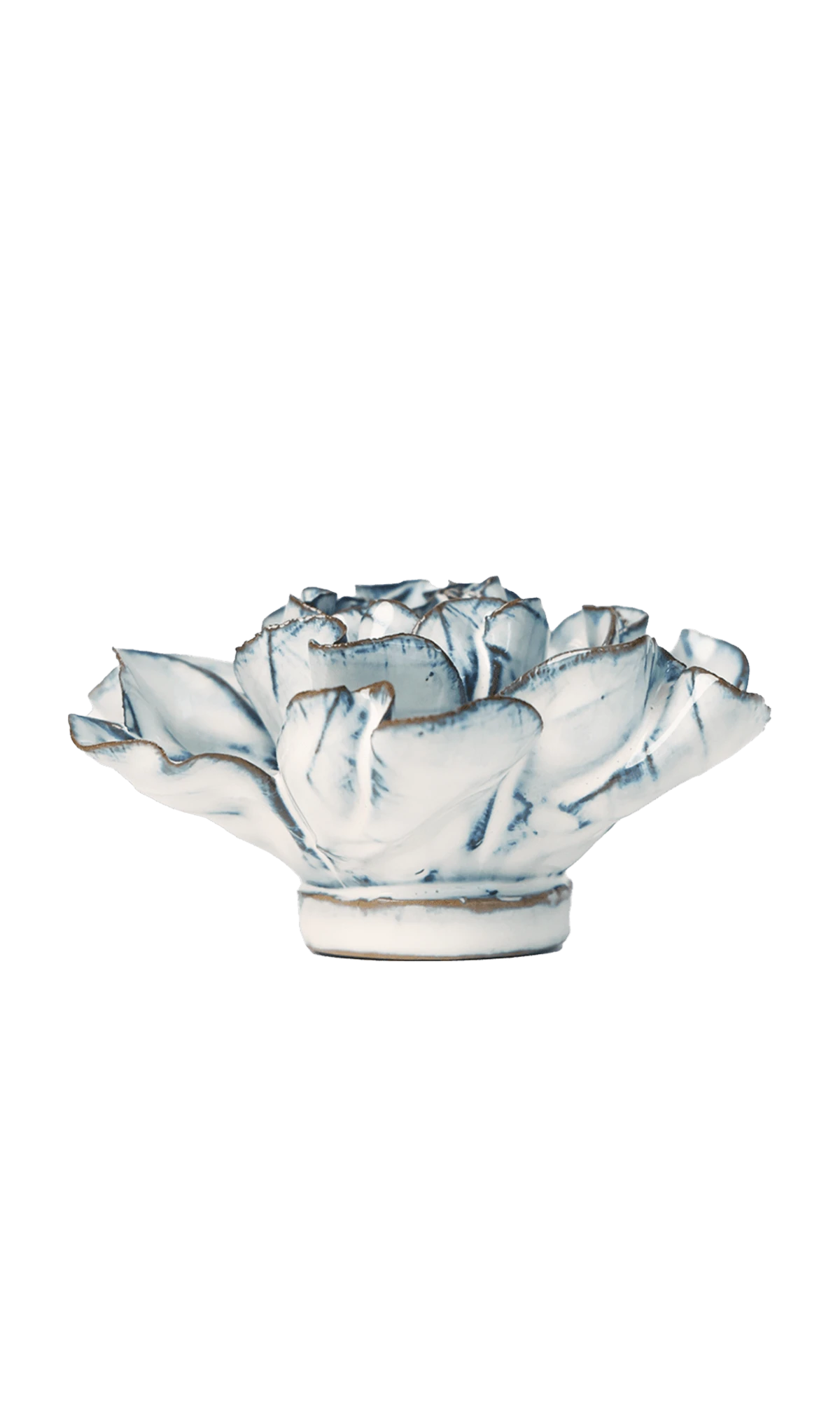 Chive May Birth Flower Hawthorn blue white ceramic flower side view showing petal depth and glossy glazed finish.