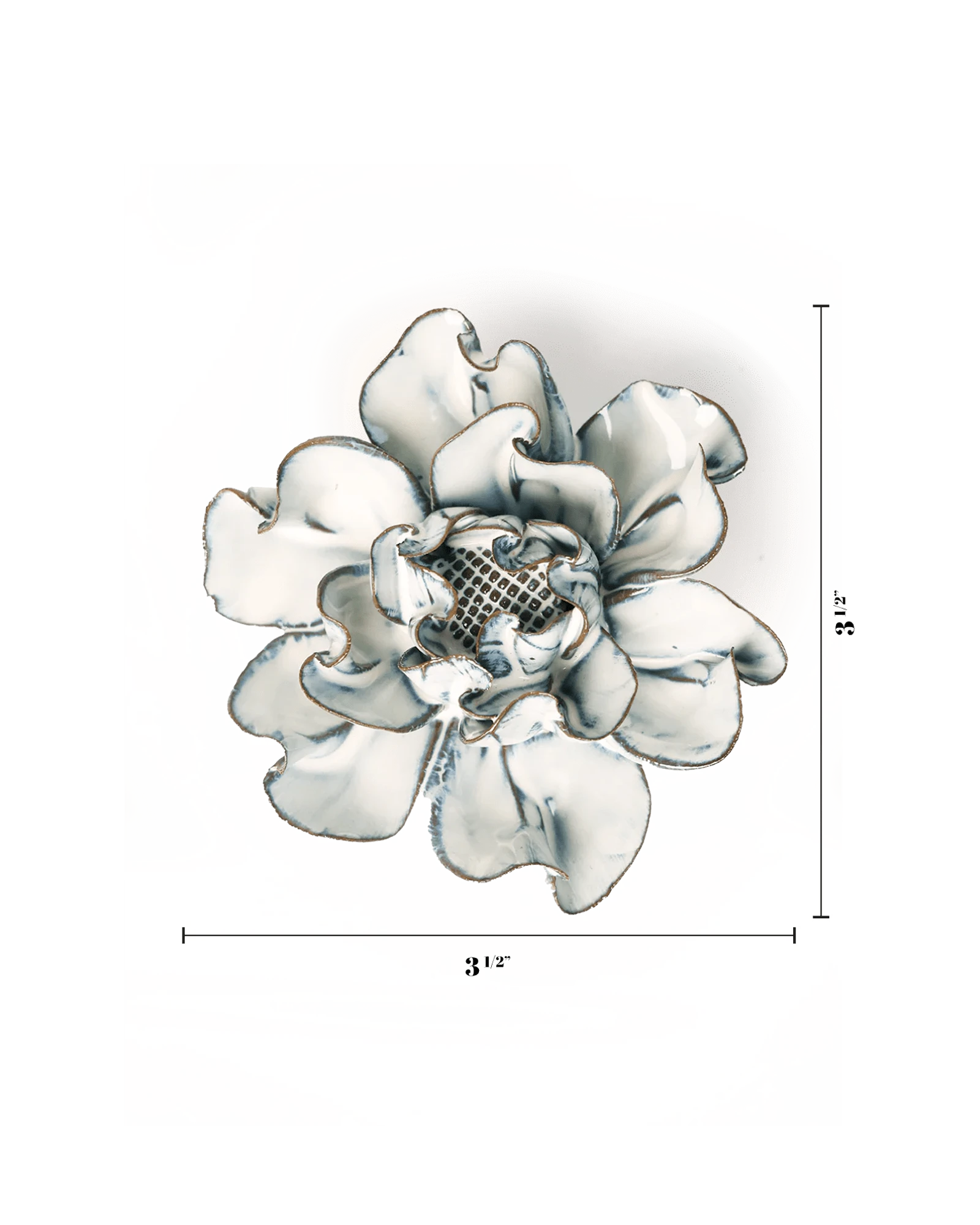Chive May Birth Flower Hawthorn blue white ceramic flower size chart showing height and width dimensions.