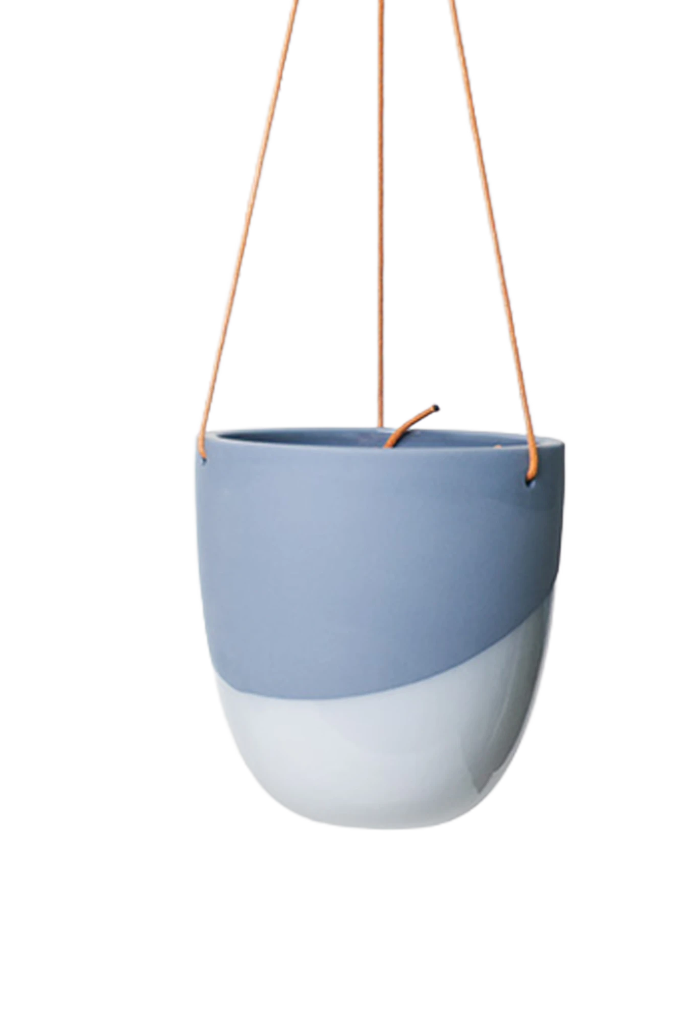 Chive Bobbin blue grey porcelain hanging planter pot with no drainage showing two toned color finish.