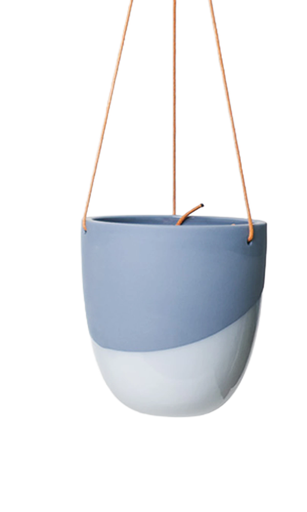 Chive Bobbin blue grey porcelain hanging planter pot with no drainage showing two toned color finish.