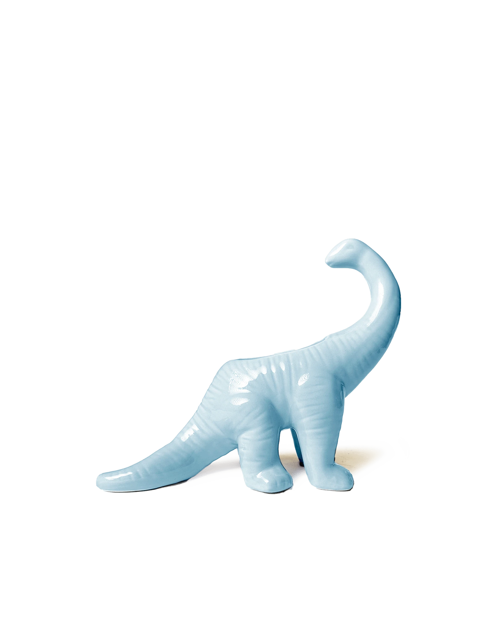 Chive Brontosaurus light blue ceramic dinosaur shaped succulent planter with no drainage.