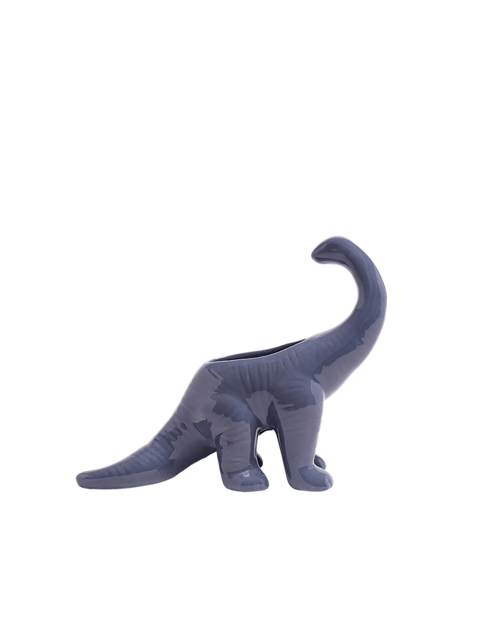 Chive Brontosaurus Blue Stone color ceramic dinosaur shaped succulent planter with no drainage.