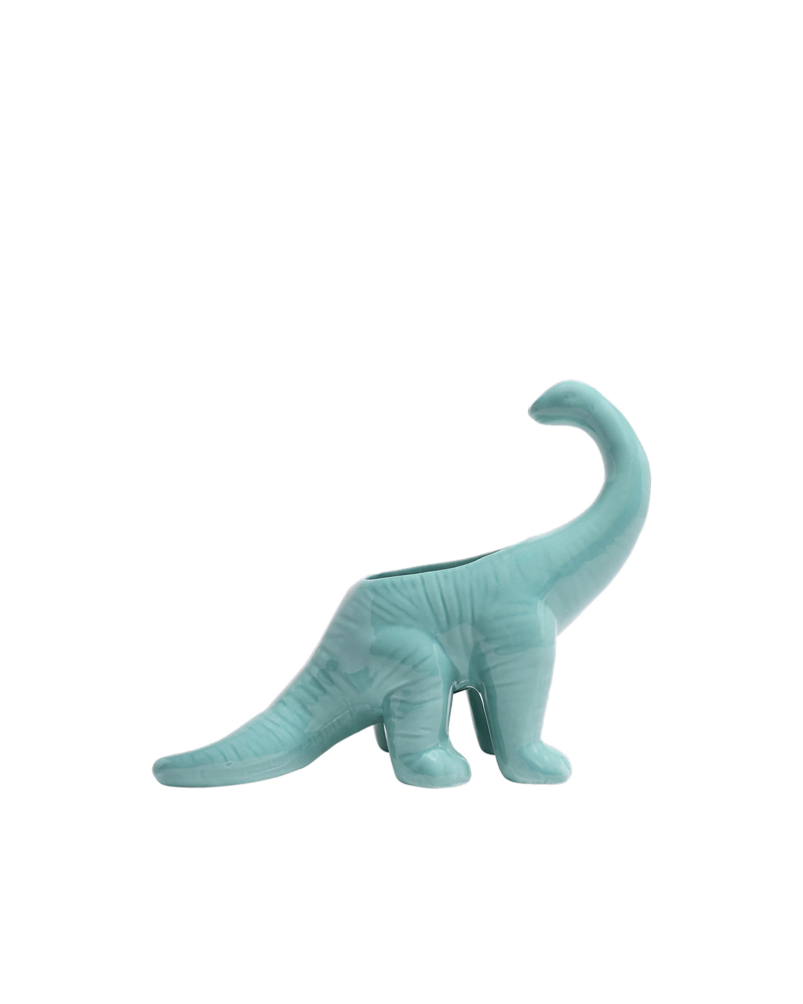 Chive Brontosaurus Cascade teal color ceramic dinosaur shaped succulent planter with no drainage.