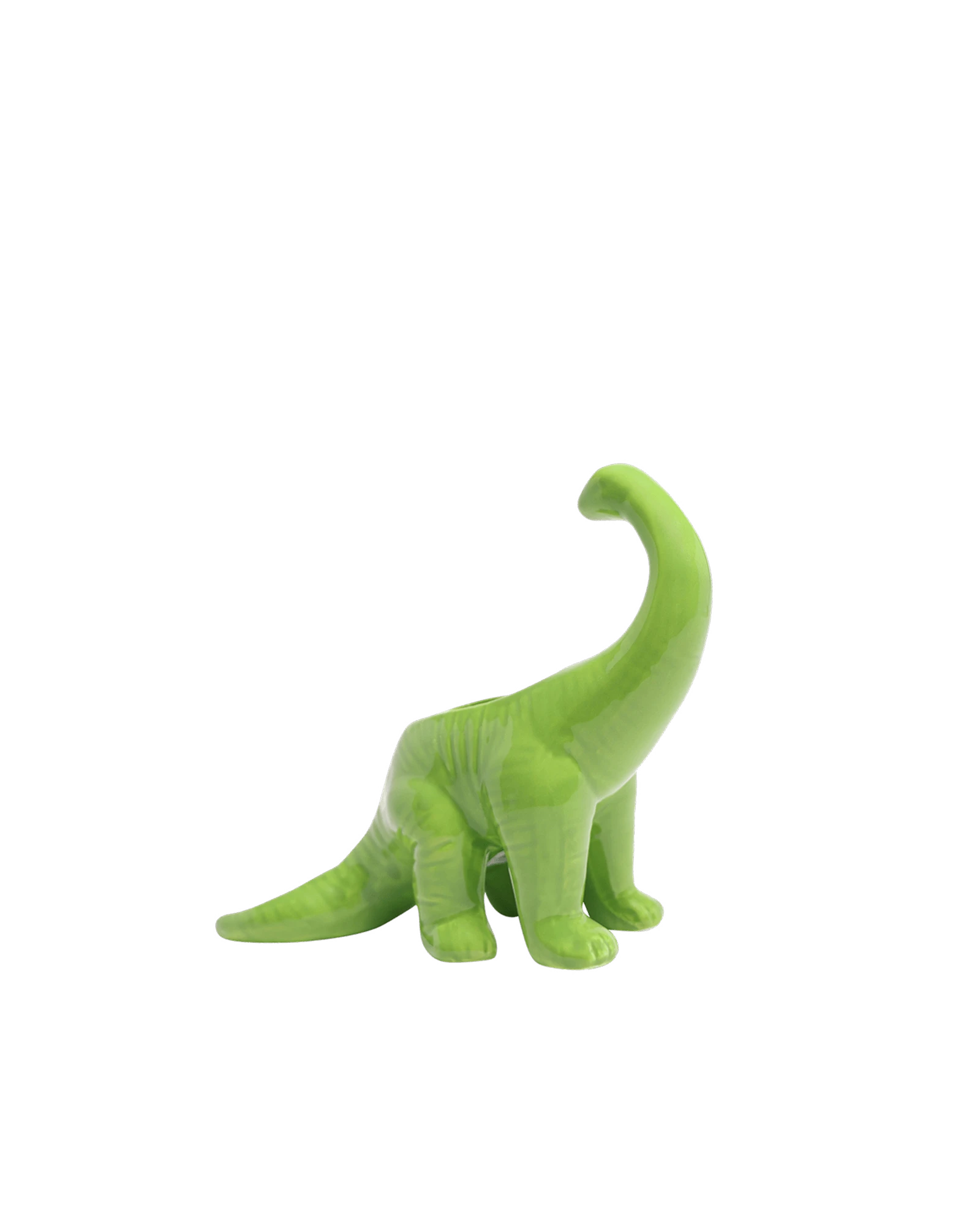 Chive Brontosaurus Fluorite Green color ceramic dinosaur shaped succulent planter with no drainage.
