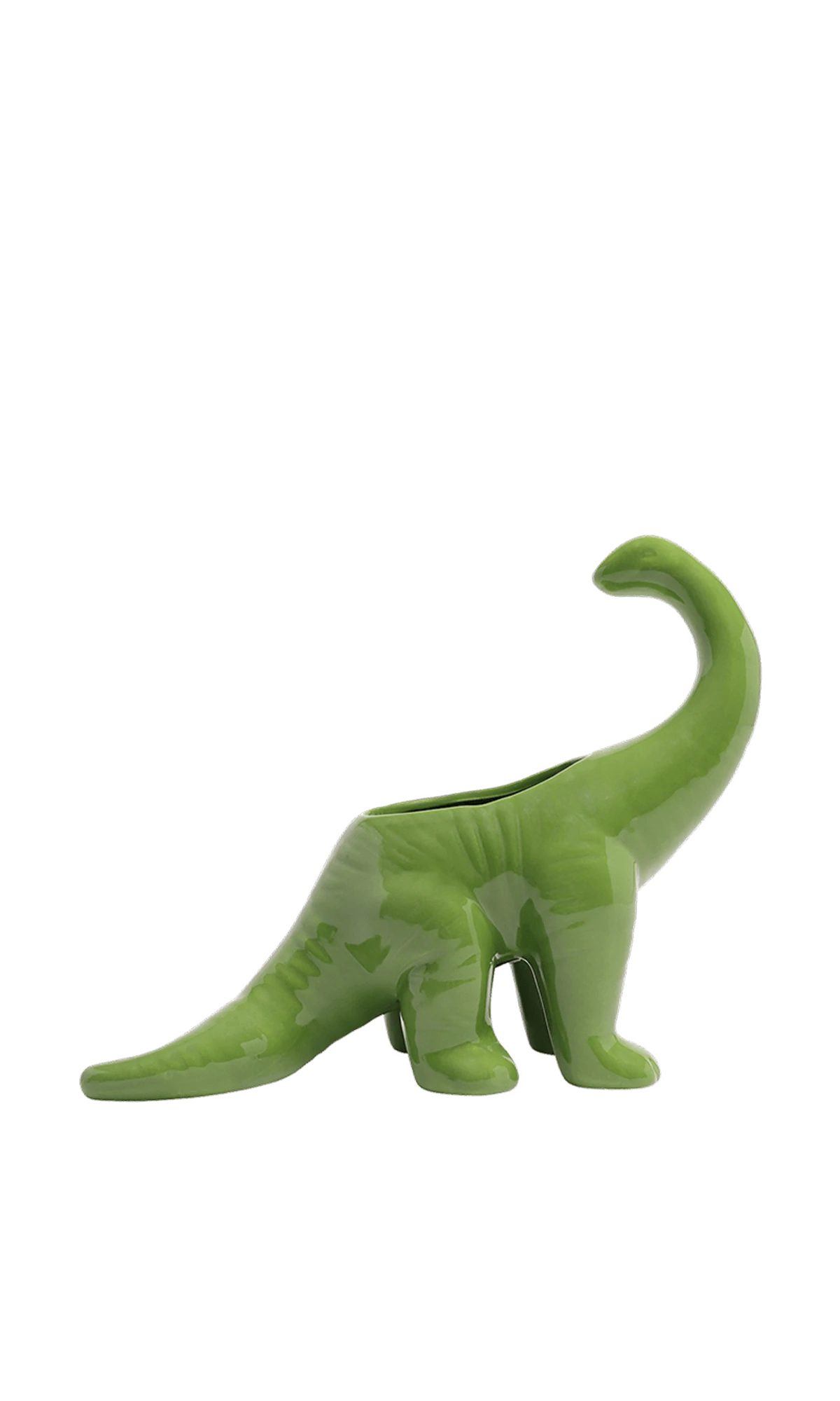 Chive Brontosaurus Foliage green color ceramic dinosaur shaped succulent planter with no drainage.
