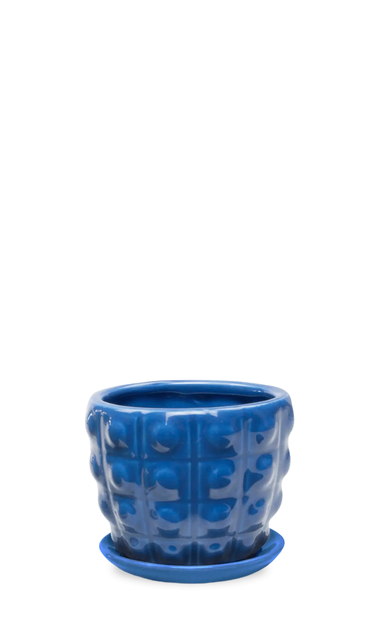 Chive Convex cobalt fully glazed bubble-textured ceramic medium planter with saucer.