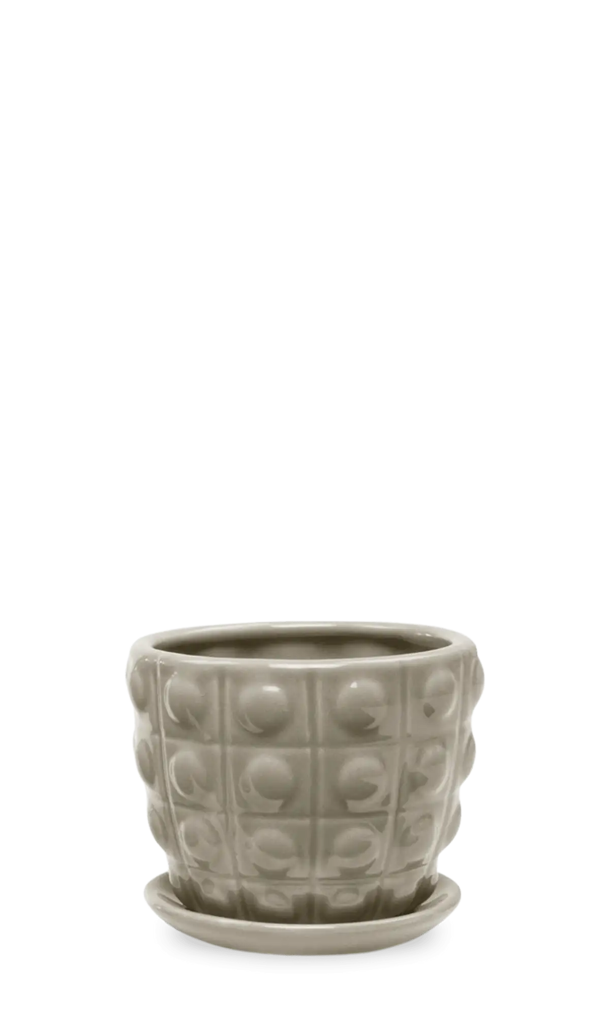 Chive Convex grey fully glazed bubble-textured ceramic medium planter with saucer.