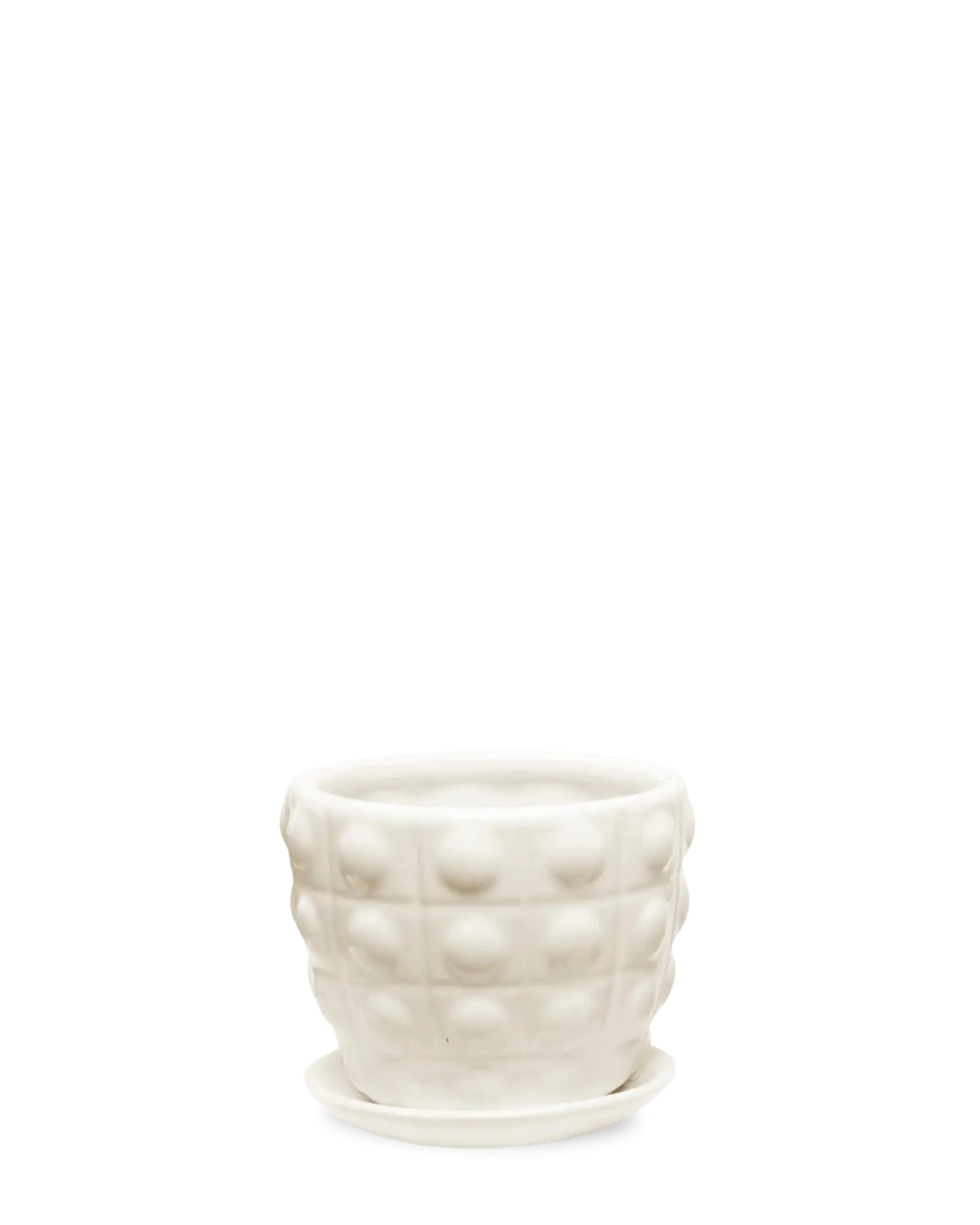 Chive Convex white fully glazed bubble-textured ceramic medium planter with saucer.