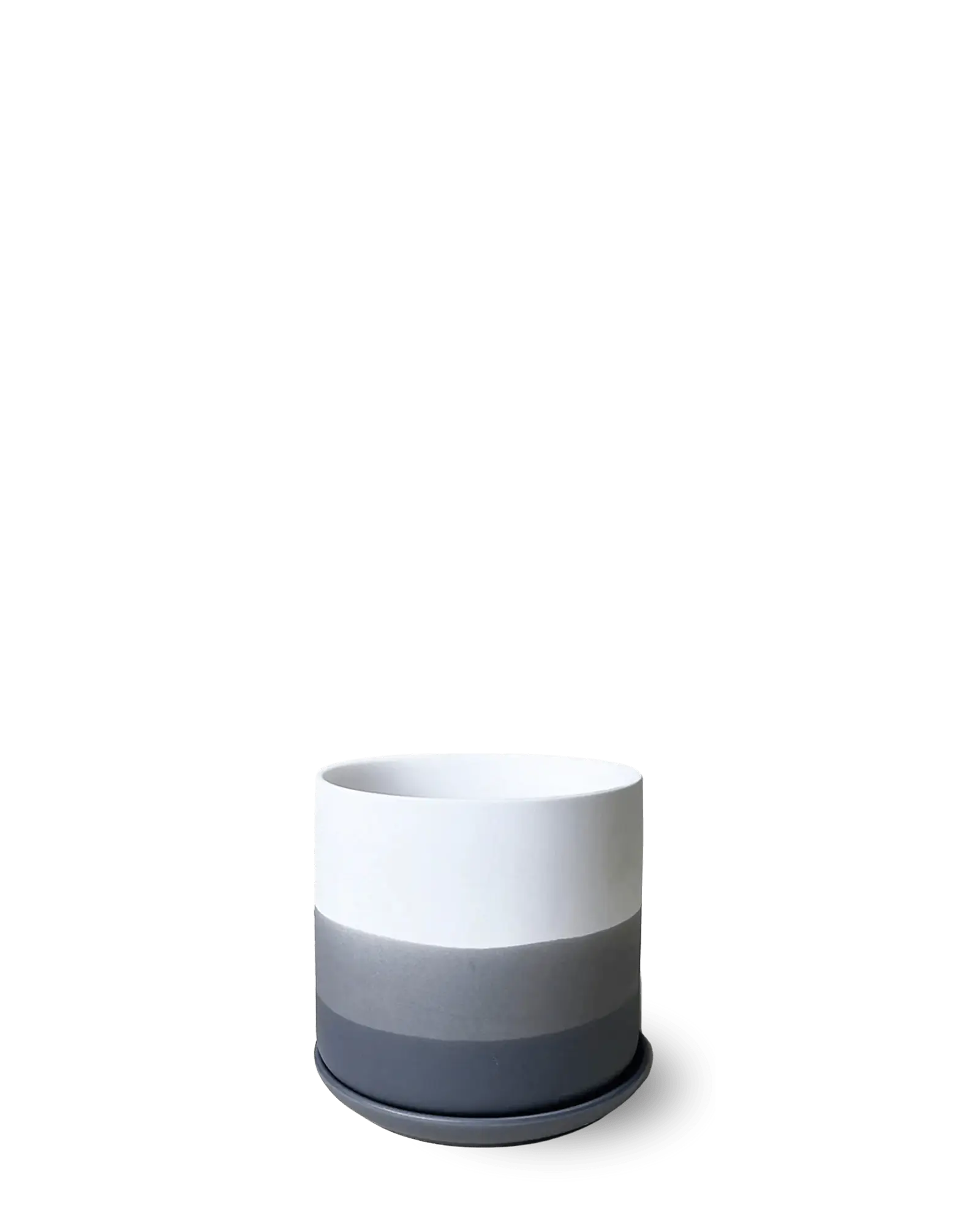 Chive Devo ceramic medium planter with ombre white to charcoal grey gradient finish and saucer.