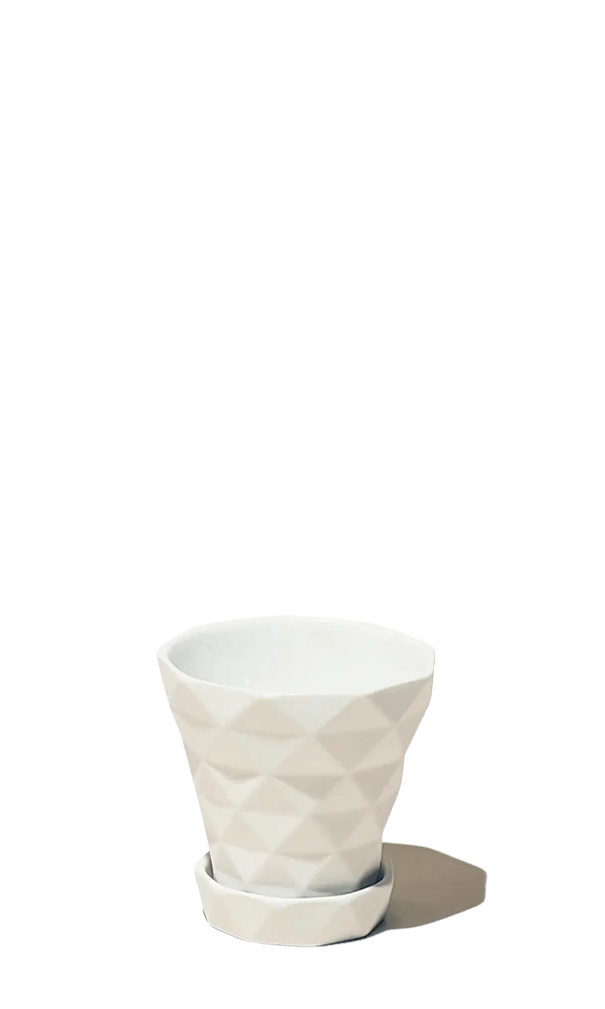 Chive Diamond light grey geometric faceted ceramic small planter with saucer.