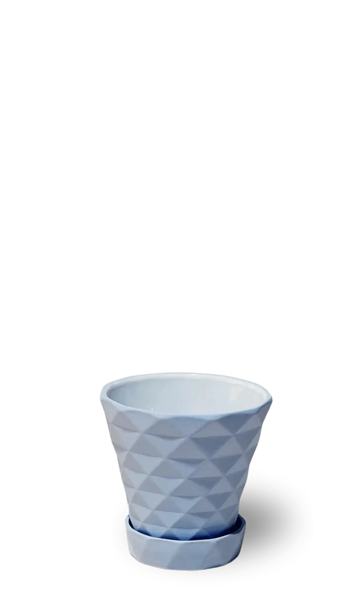 Chive Diamond sea blue geometric faceted ceramic small planter with saucer.