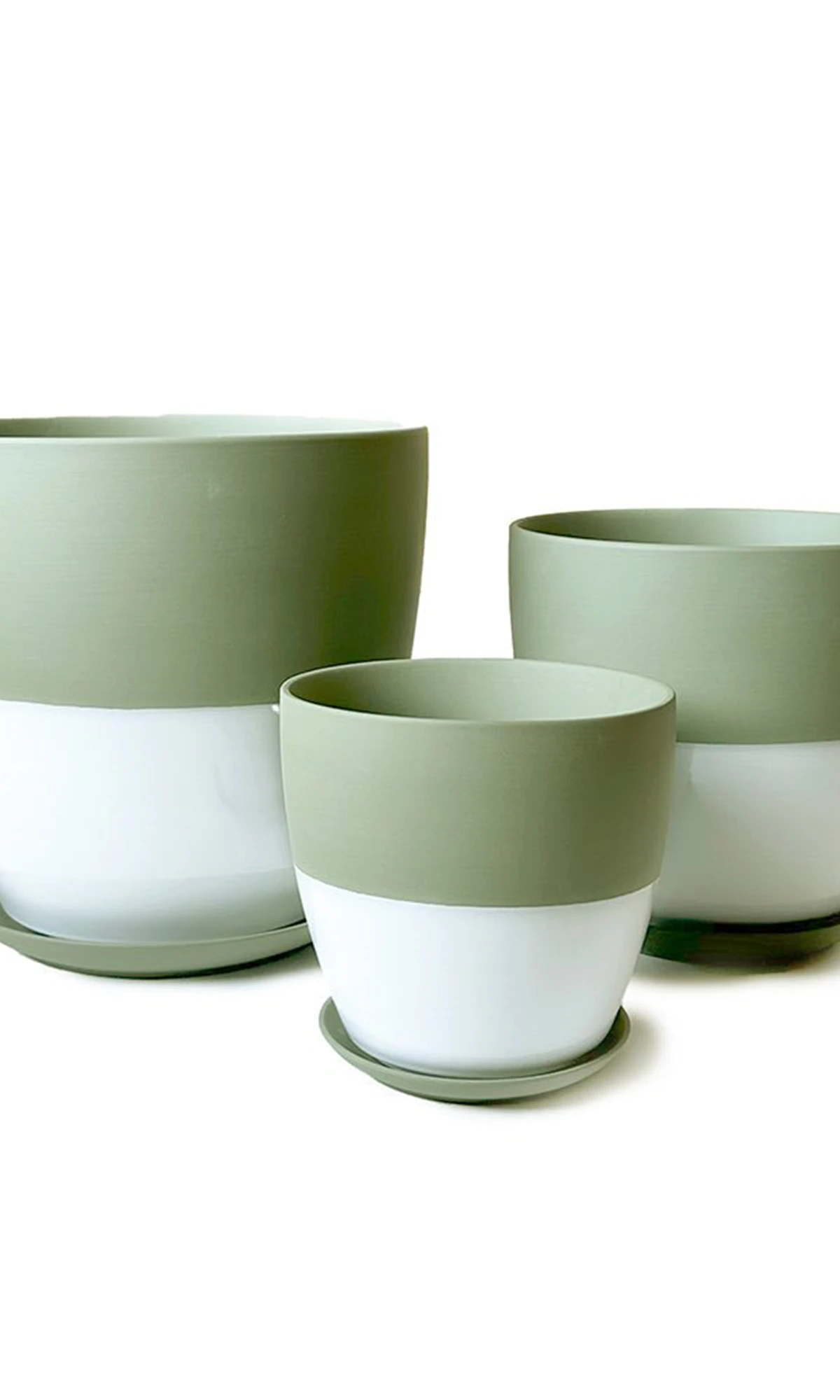 Three Chive Dyad olive porcelain pots with drainage and detachable saucers in large, medium, and small.