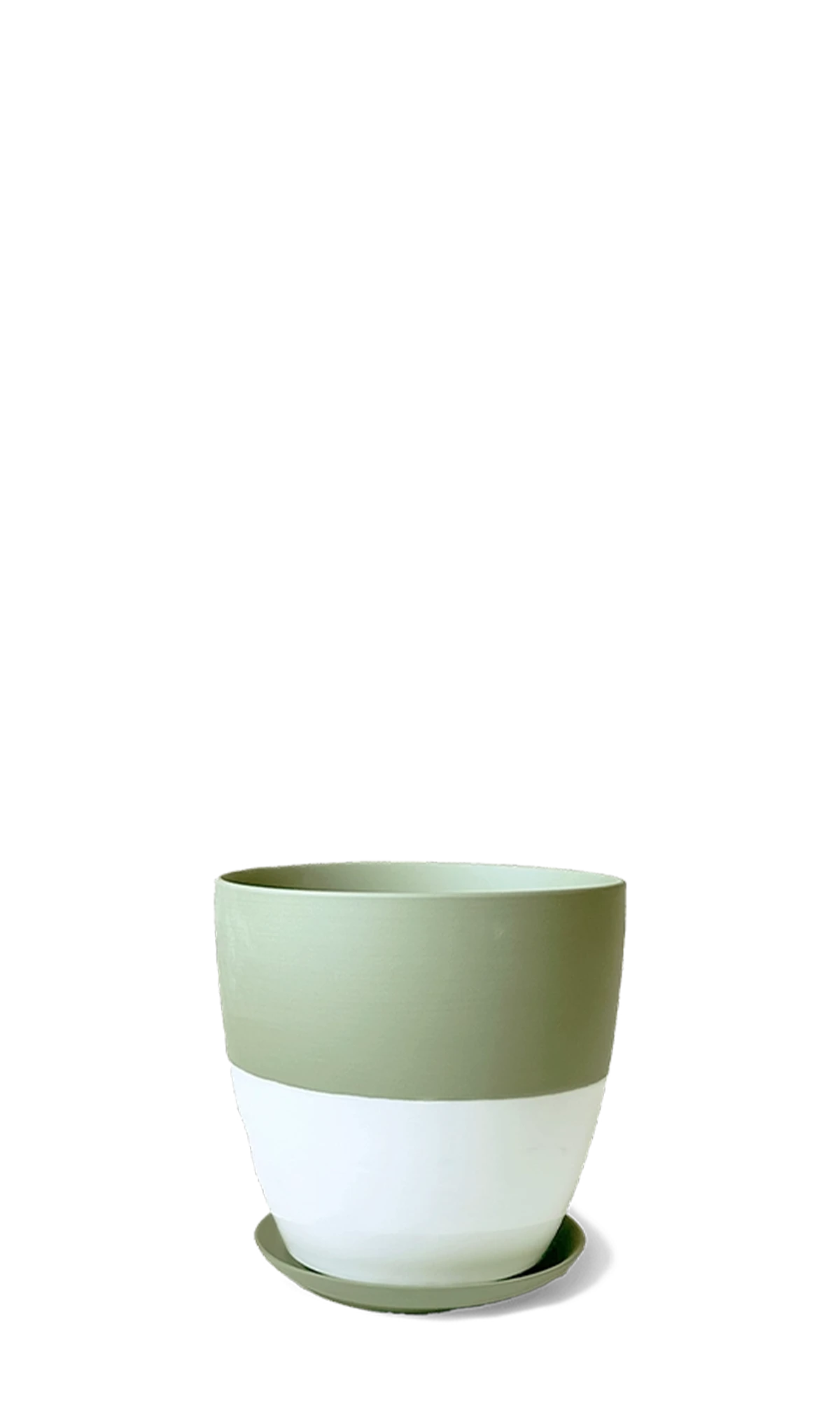 Chive Dyad large olive porcelain plant pot with drainage hole and detachable saucer.
