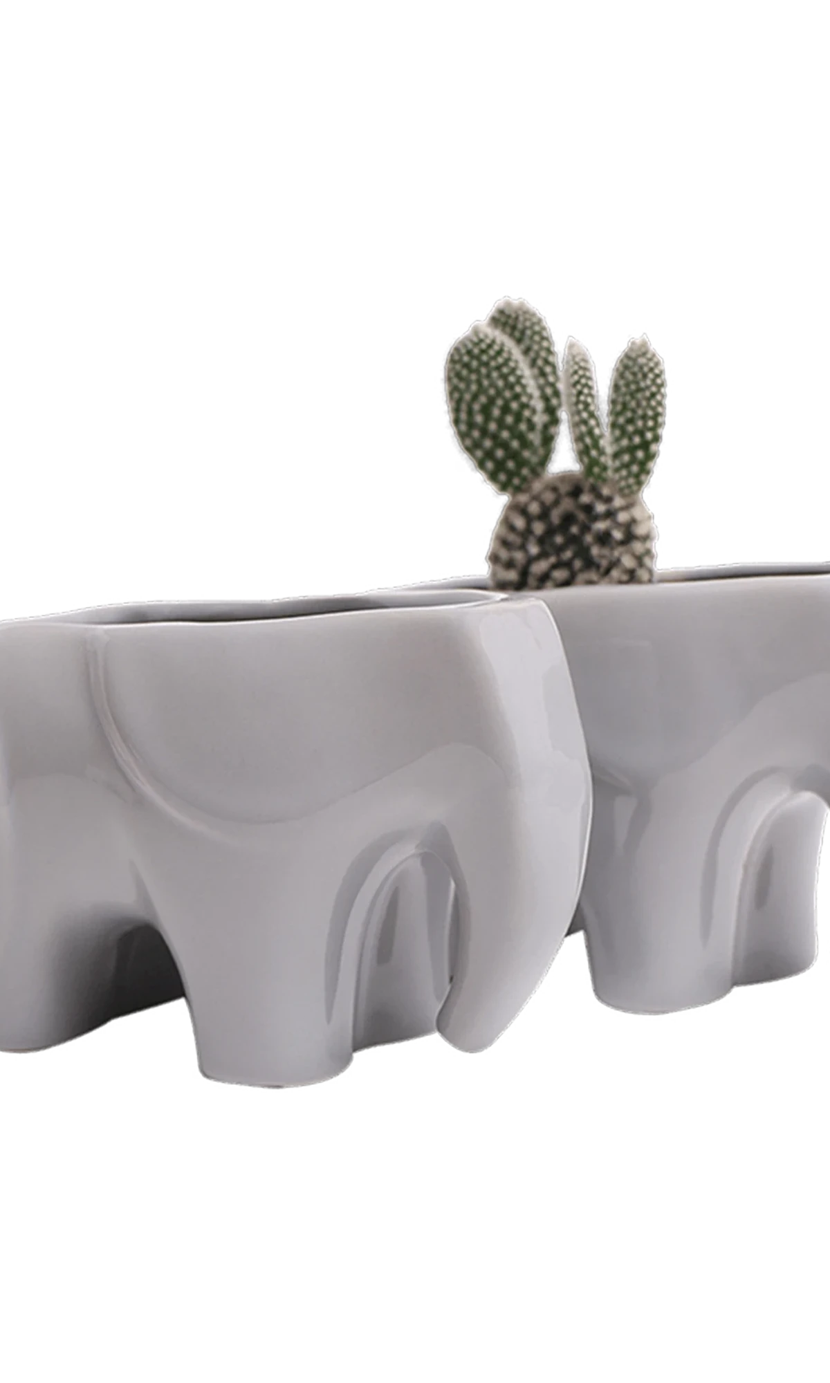 Two Chive Elephant Grey color glazed ceramic elephant shaped planters styled with a cactus.