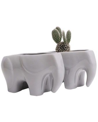Two Chive Elephant Grey color glazed ceramic elephant shaped planters styled with a cactus.