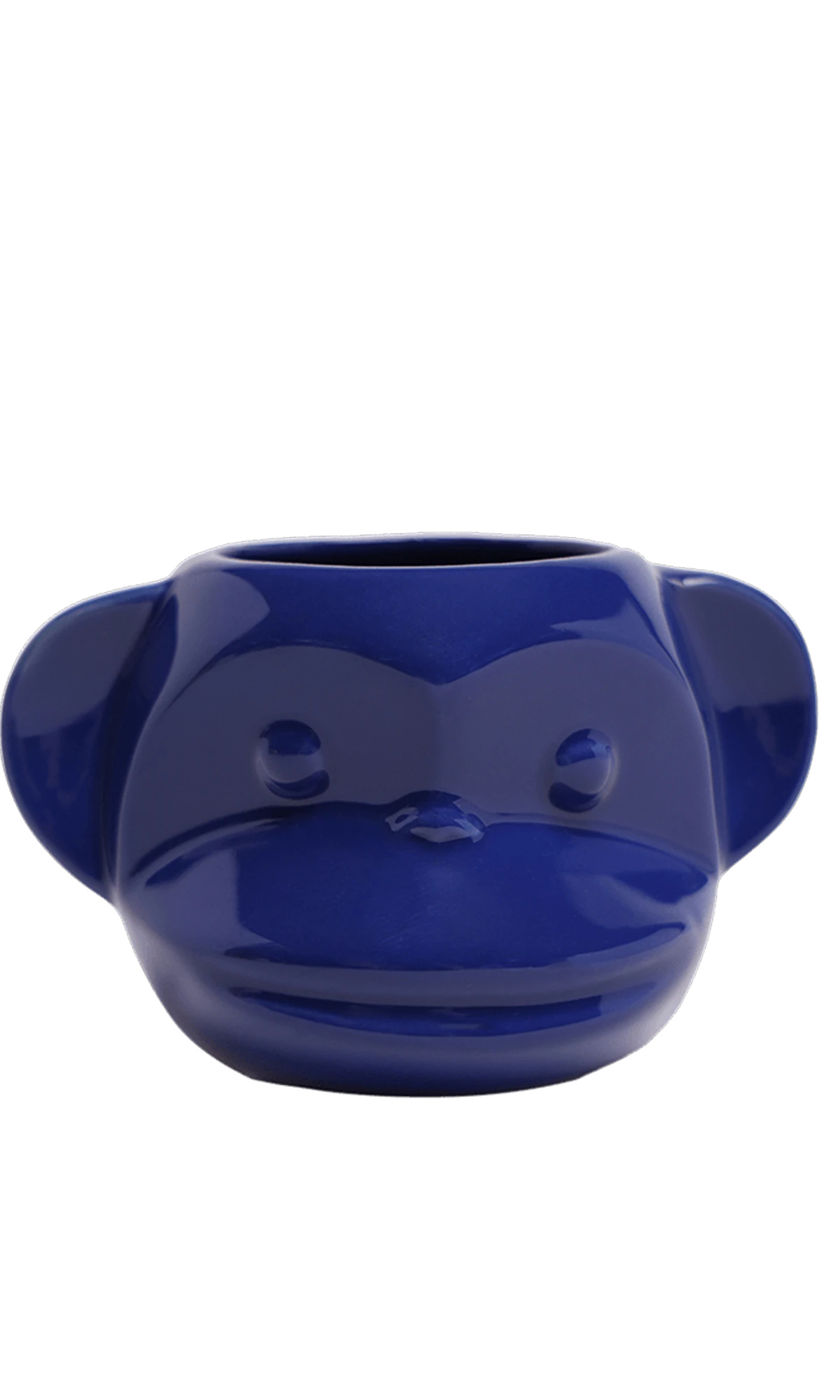 Front view of Chive Funky Monkey Blue ceramic monkey shaped succulent planter with no drainage.