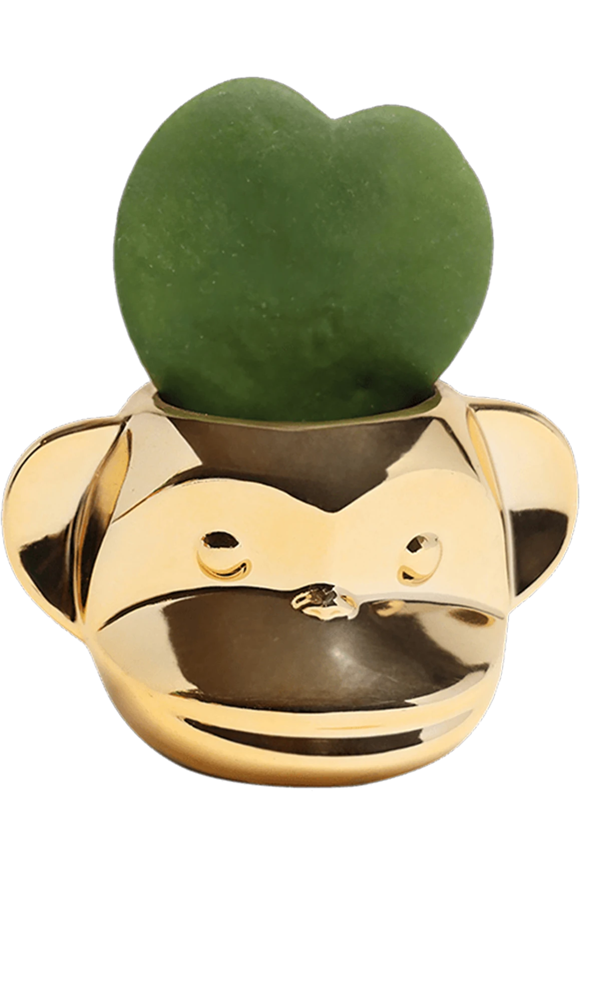 Chive Funky Monkey Gold color glazed ceramic monkey shaped planter styled with a small plant.