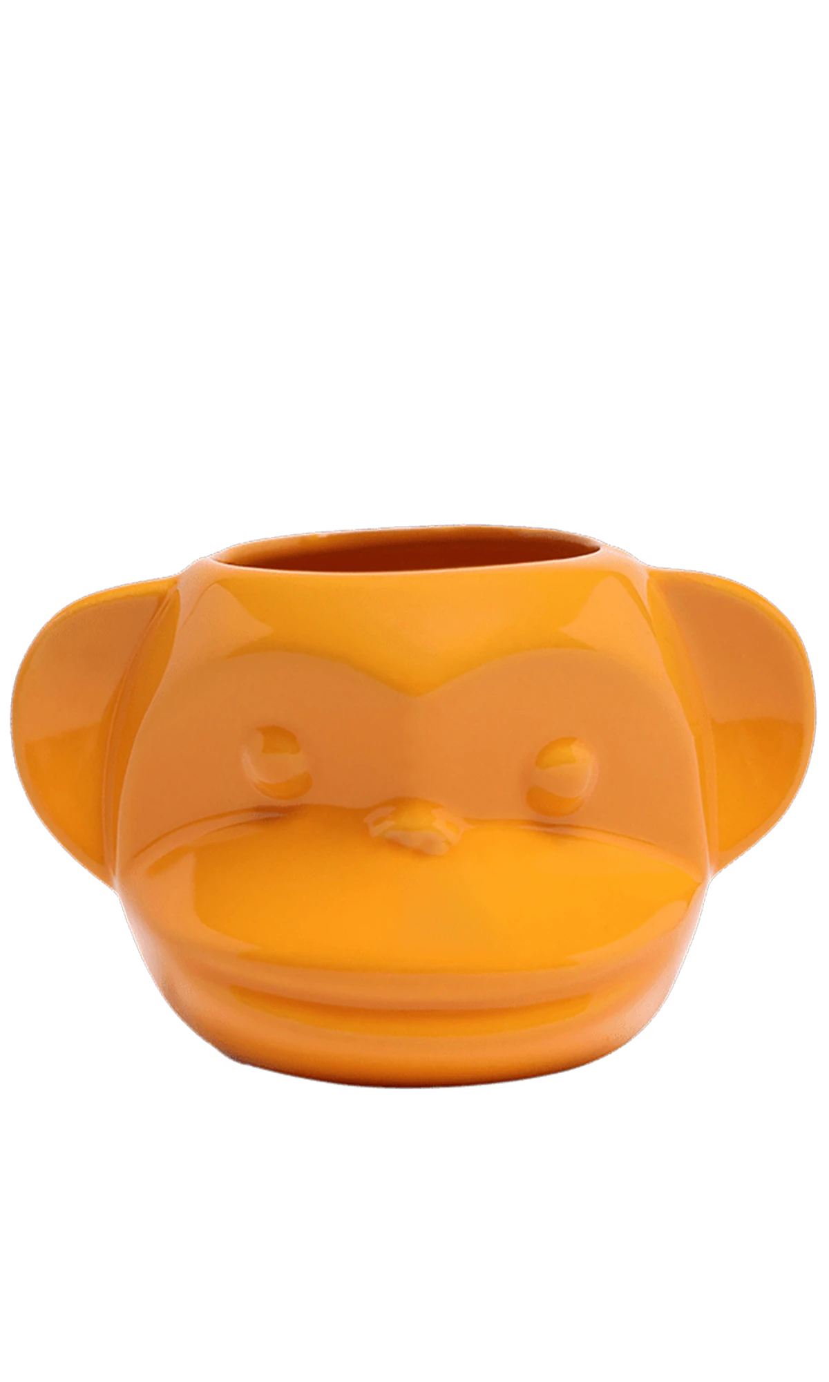 Front view of Chive Funky Monkey Orange color ceramic monkey shaped succulent planter with no drainage.