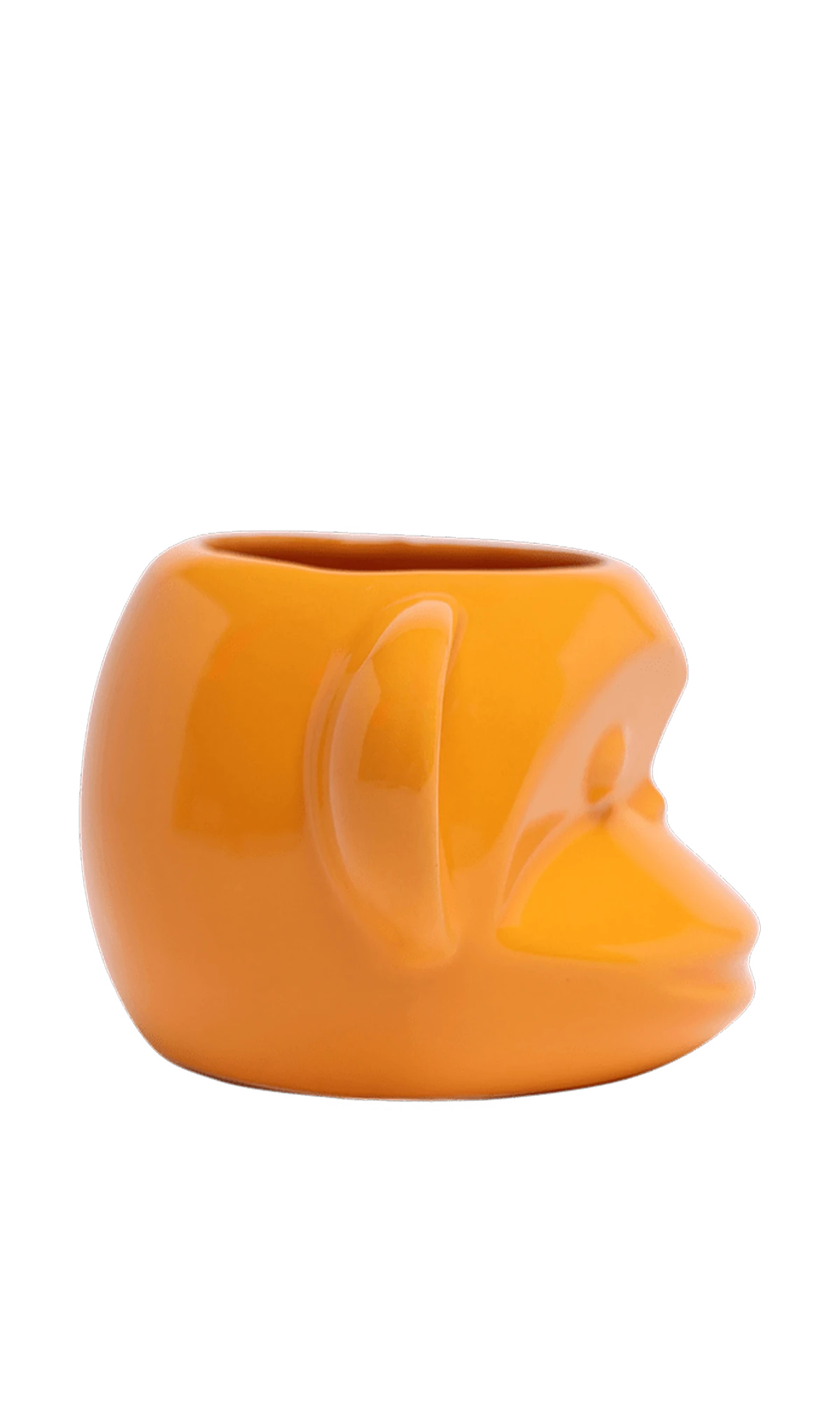 Side view of Chive Funky Monkey Orange ceramic monkey shaped succulent planter with no drainage.