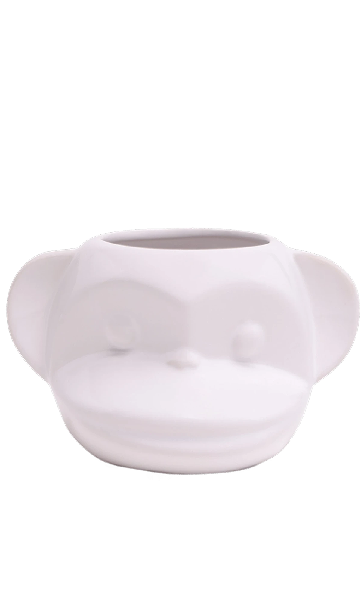 Front view of Chive Funky Monkey White ceramic monkey shaped succulent planter with no drainage.
