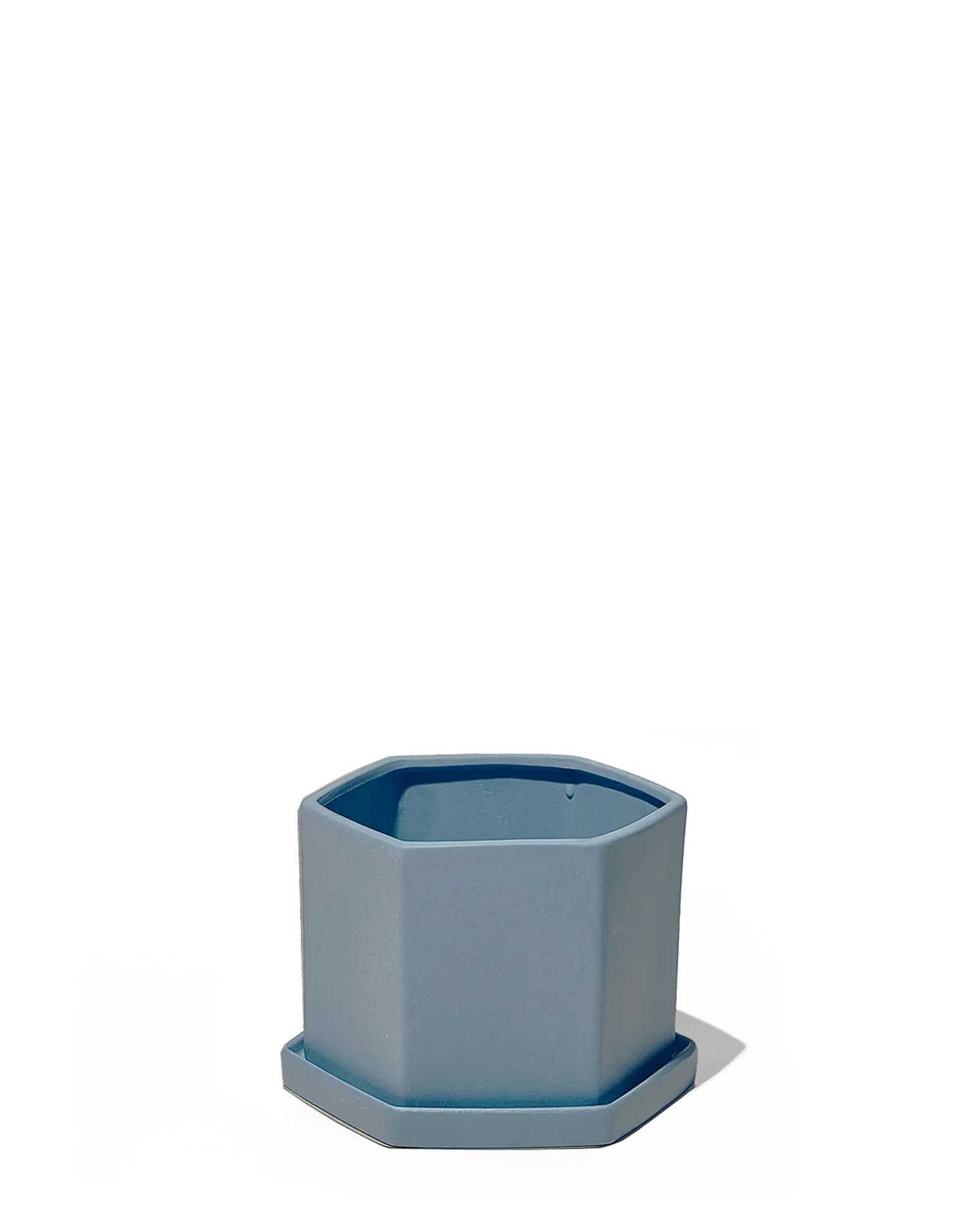 Chive Hexi blue grey matte ceramic medium hexagonal planter with matching saucer.