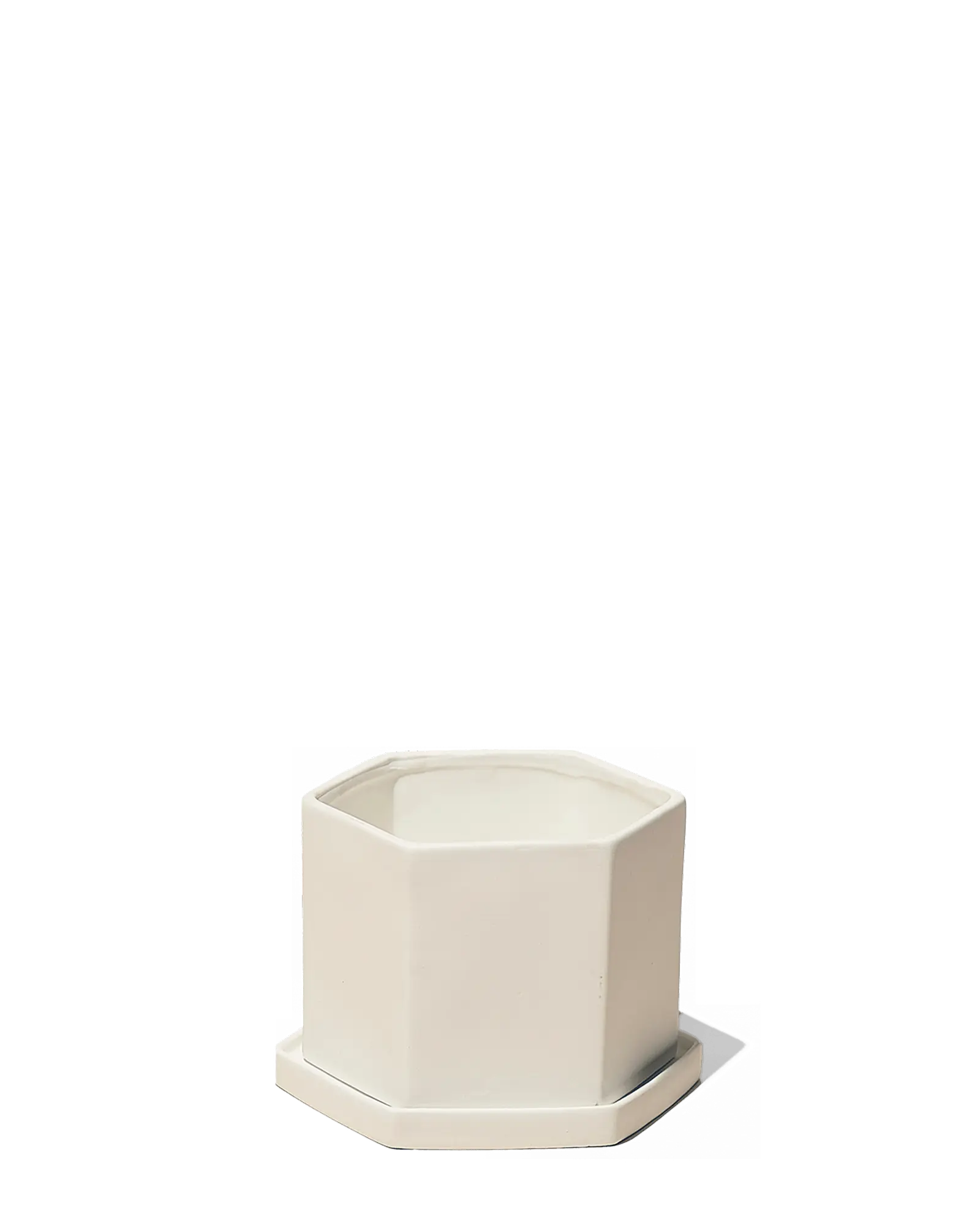 Chive Hexi white matte ceramic medium hexagonal planter with matching saucer.