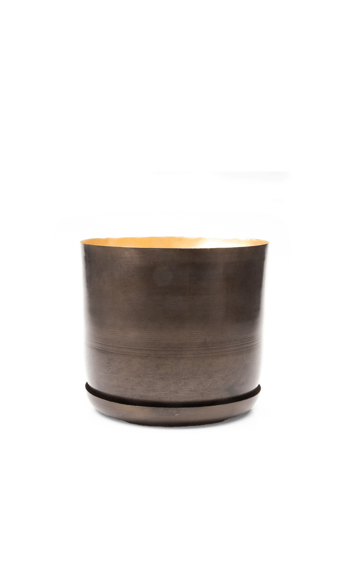 Chive Joe large bronzed brown metal pot with drainage hole and detachable saucer.