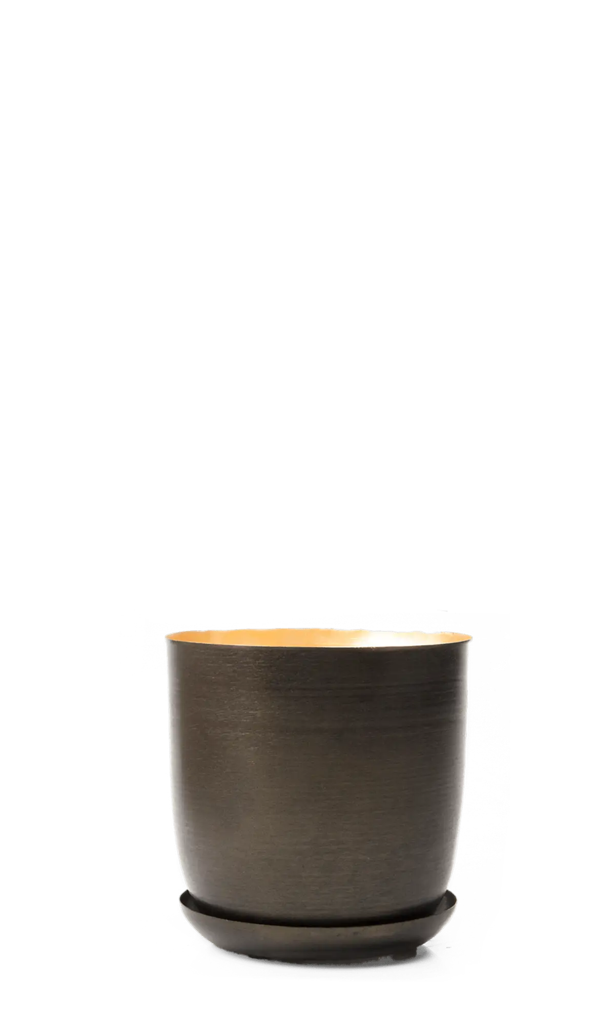 Chive Joe metal planter in bronzed brown with a brushed finish, gold interior, and matching saucer.