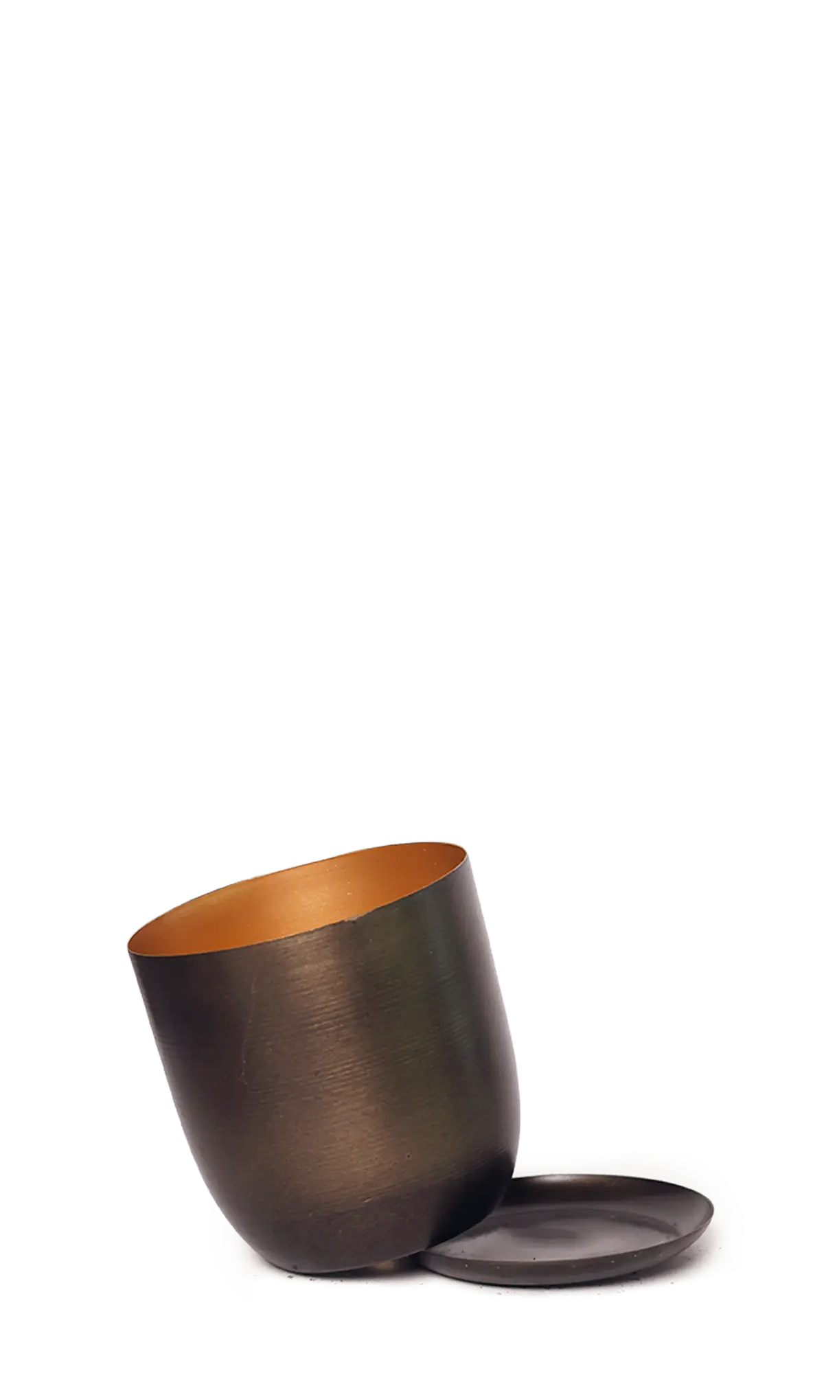 Chive Joe bronzed brown medium metal planter with drainage tipped to show the copper interior finish and the detachable saucer.