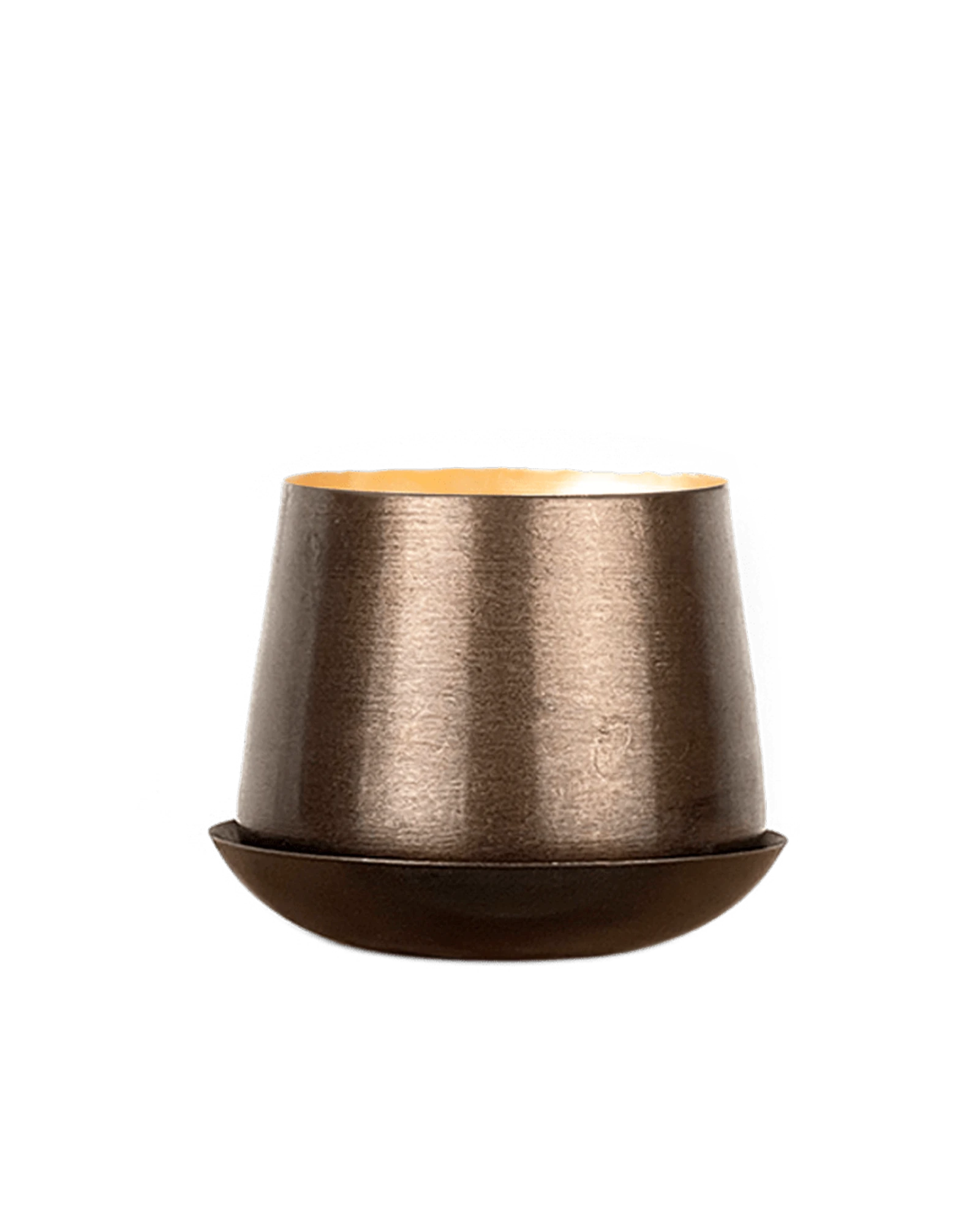 Chive Joe small bronzed brown metal plant pot with drainage hole and detachable saucer.
