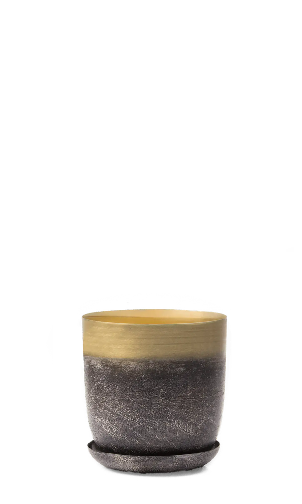 Chive Joe metal planter with a two-tone gold and textured brown finish and matching saucer.