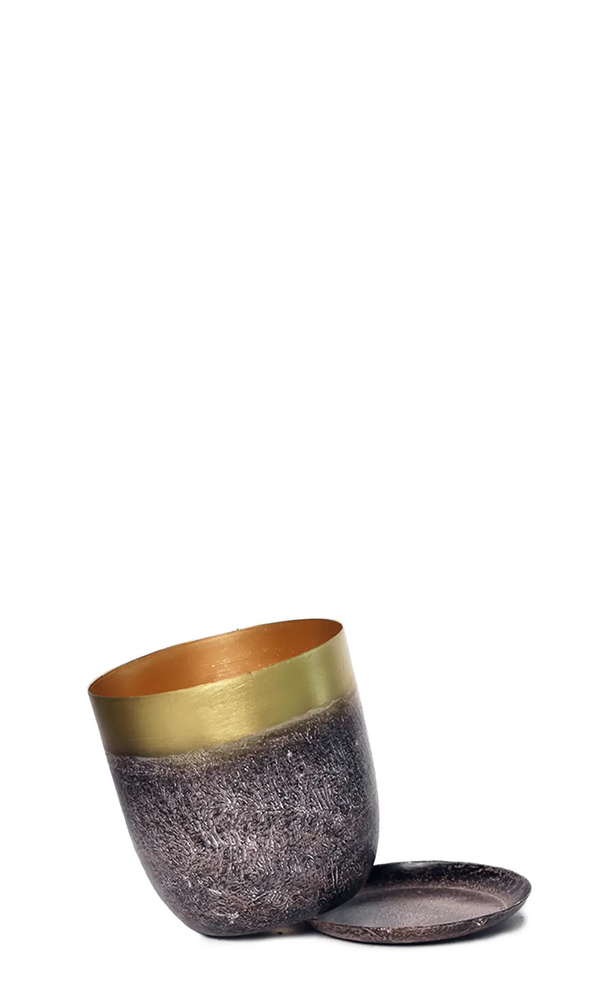 Chive Joe brown and gold metal planter tipped to show the gold interior and rough textured exterior.