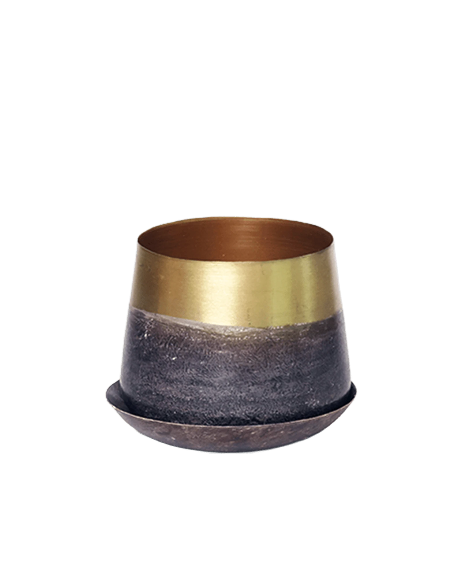 Chive Joe small brown gold metal plant pot with drainage hole and detachable saucer.