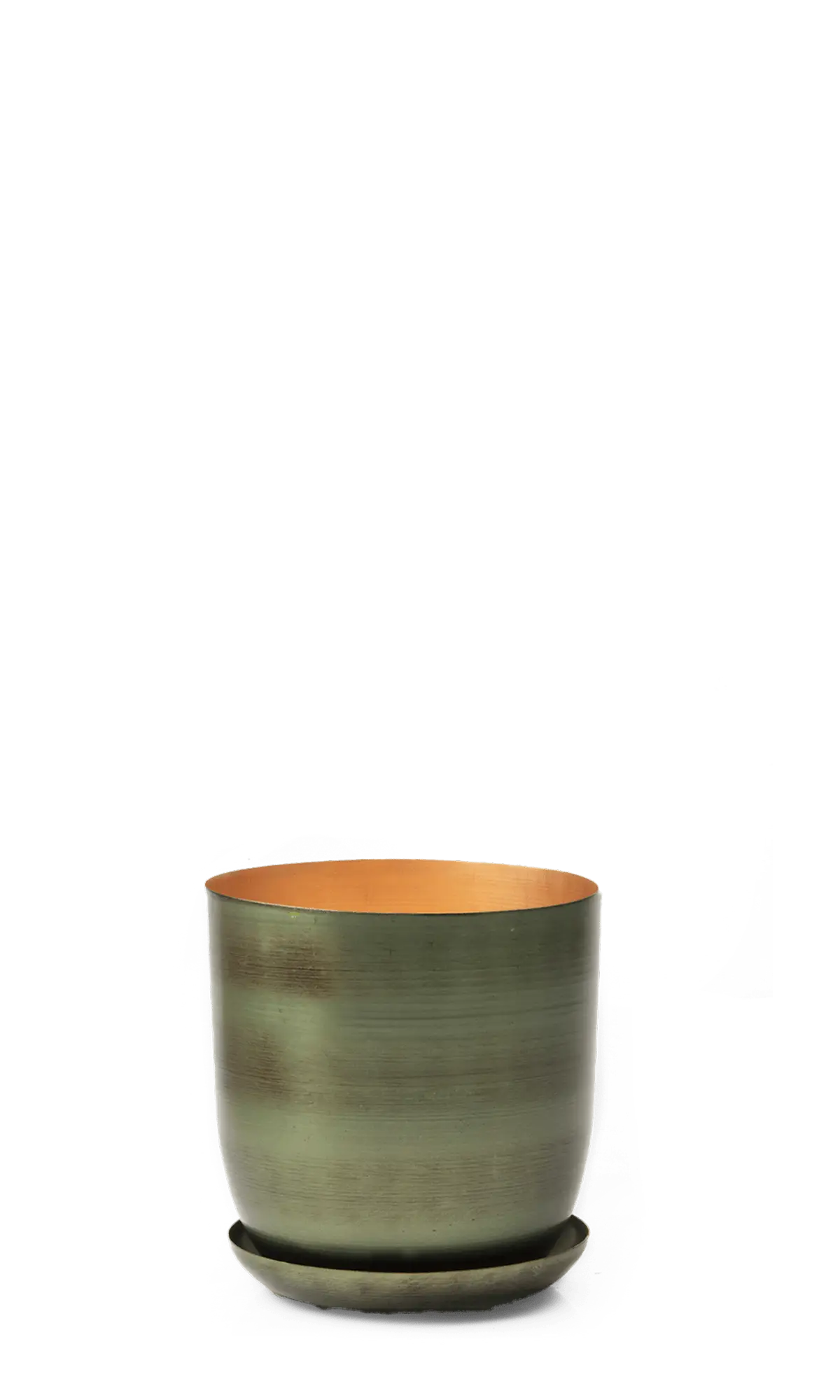 Chive Joe metal planter in fern brown with a brushed olive finish, gold interior, and matching saucer.