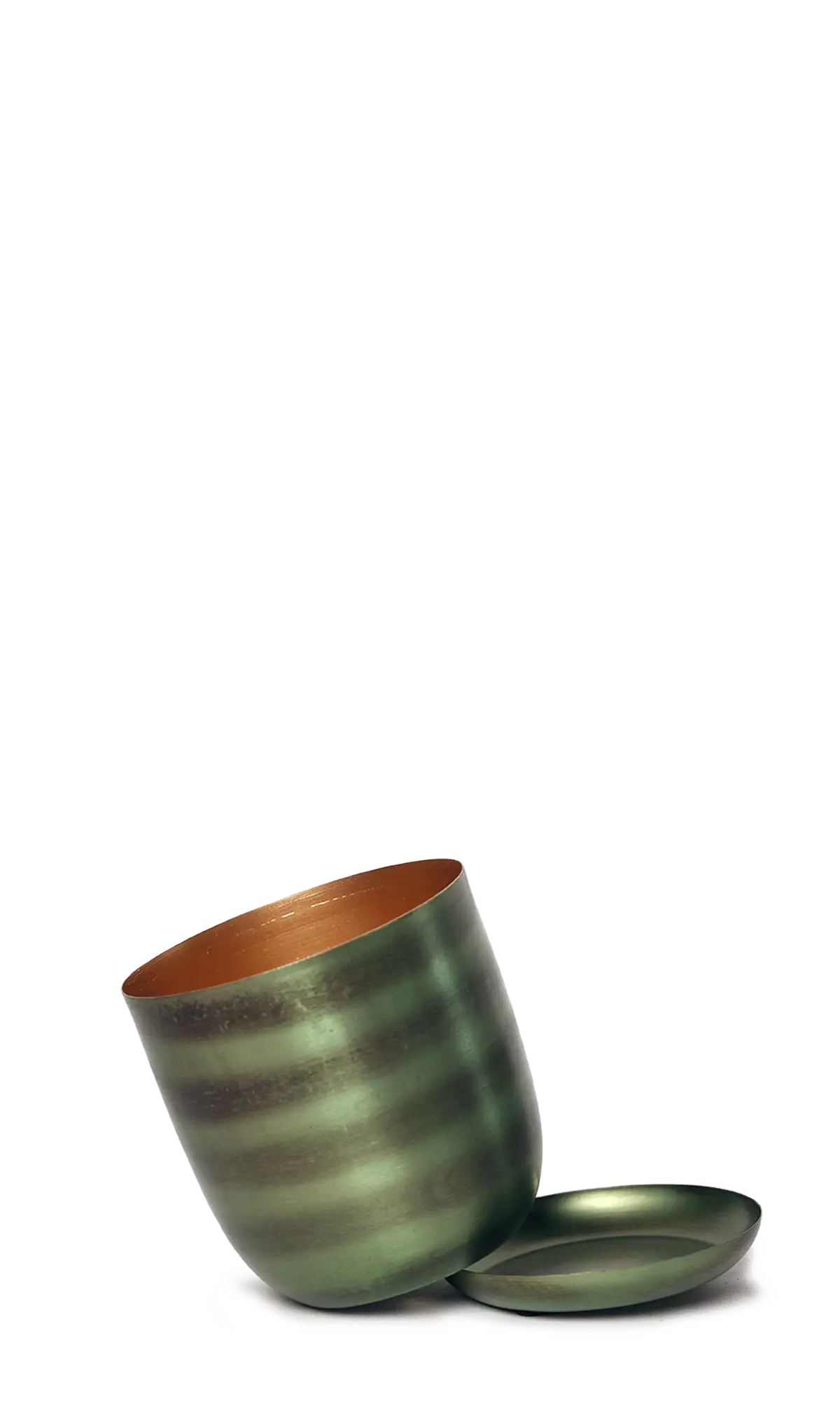 Chive Joe fern brown metal planter tipped to show the copper interior and brushed olive exterior finish.