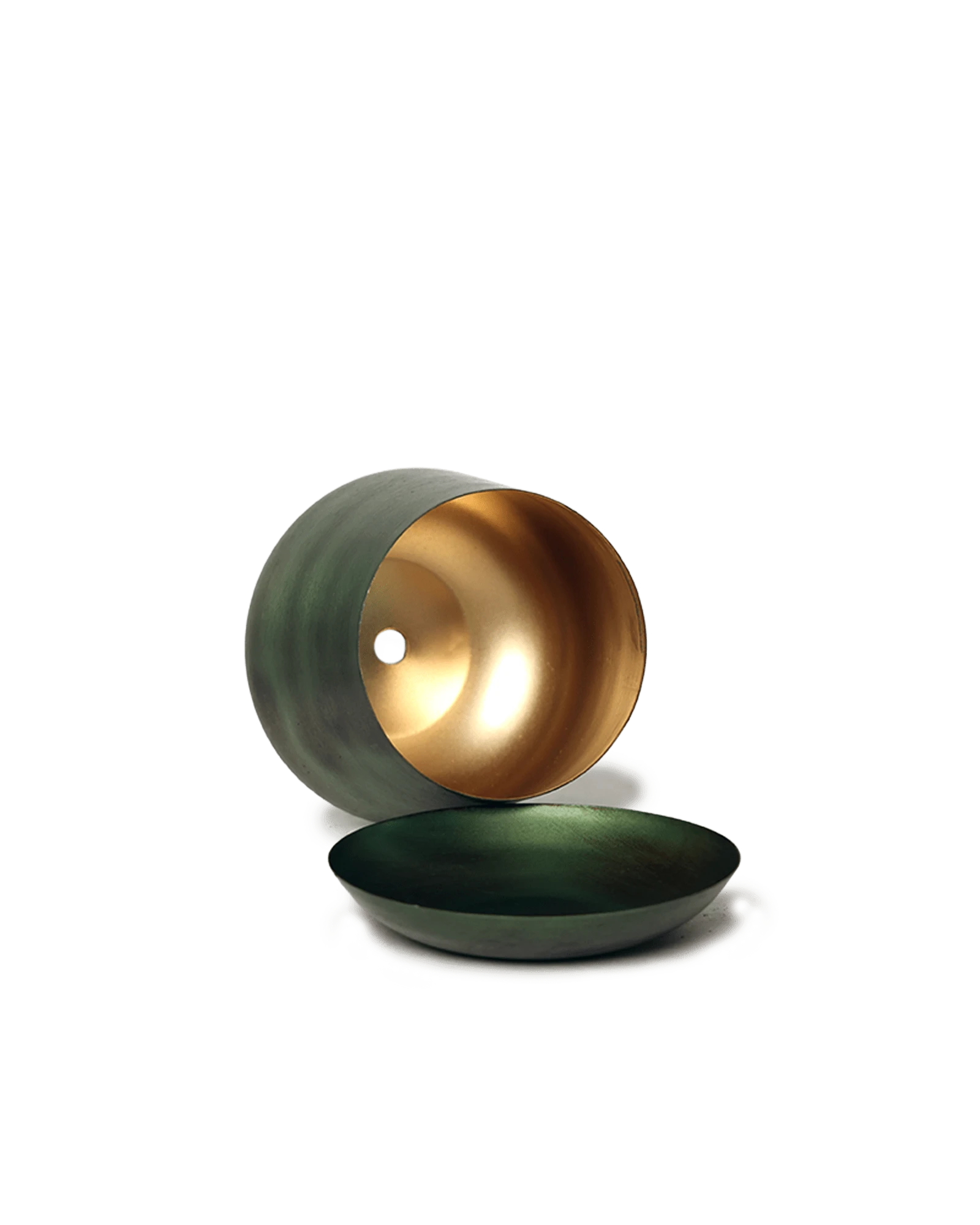 Close up of Chive Joe small fern green brown color metal plant pot drainage hole and detachable saucer.